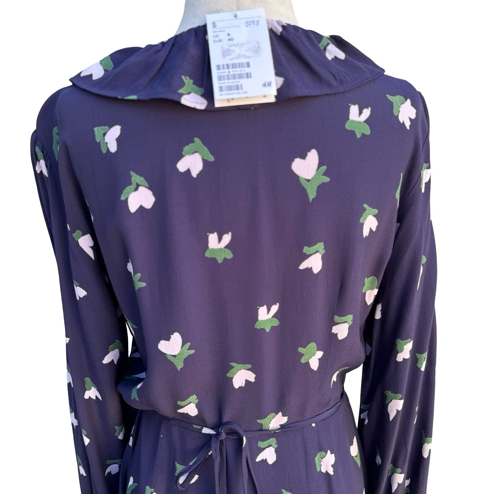 HM Navy Blue Floral Tulip Feminine Boho Ruffle Wrap Dress Long Sleeve Size 8 NEW