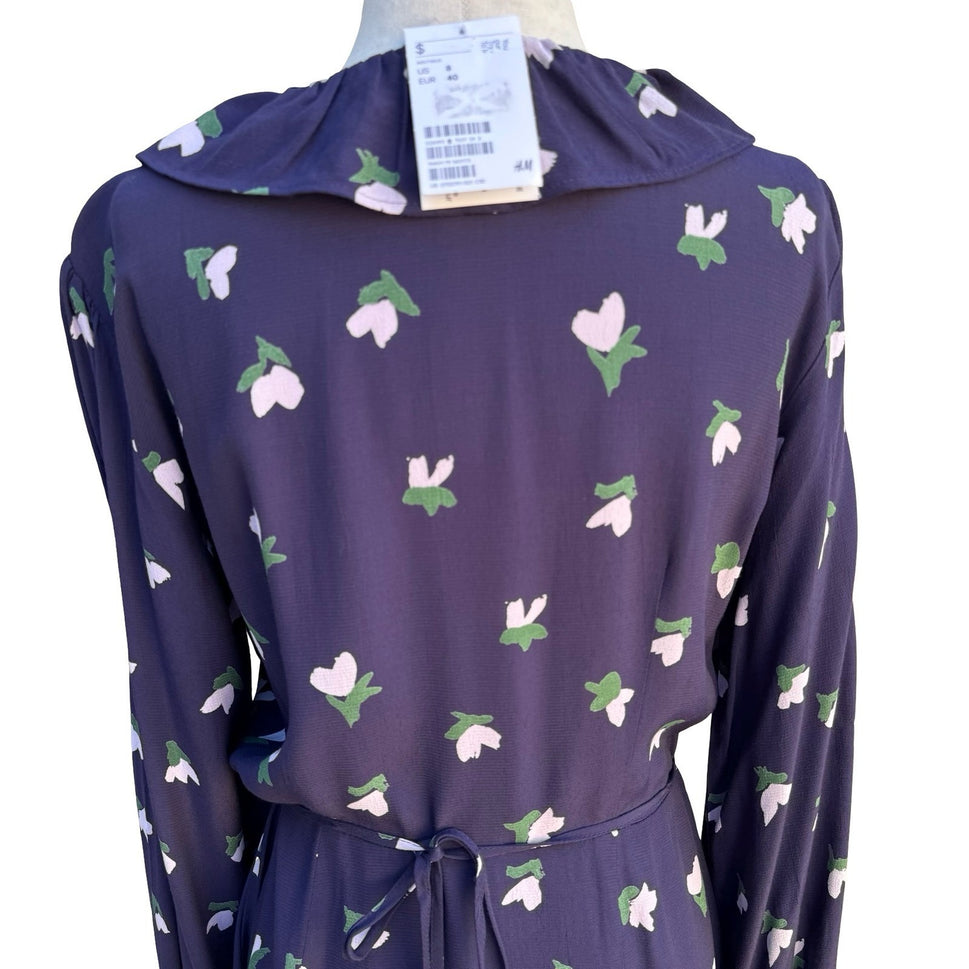 HM Navy Blue Floral Tulip Feminine Boho Ruffle Wrap Dress Long Sleeve Size 8 NEW