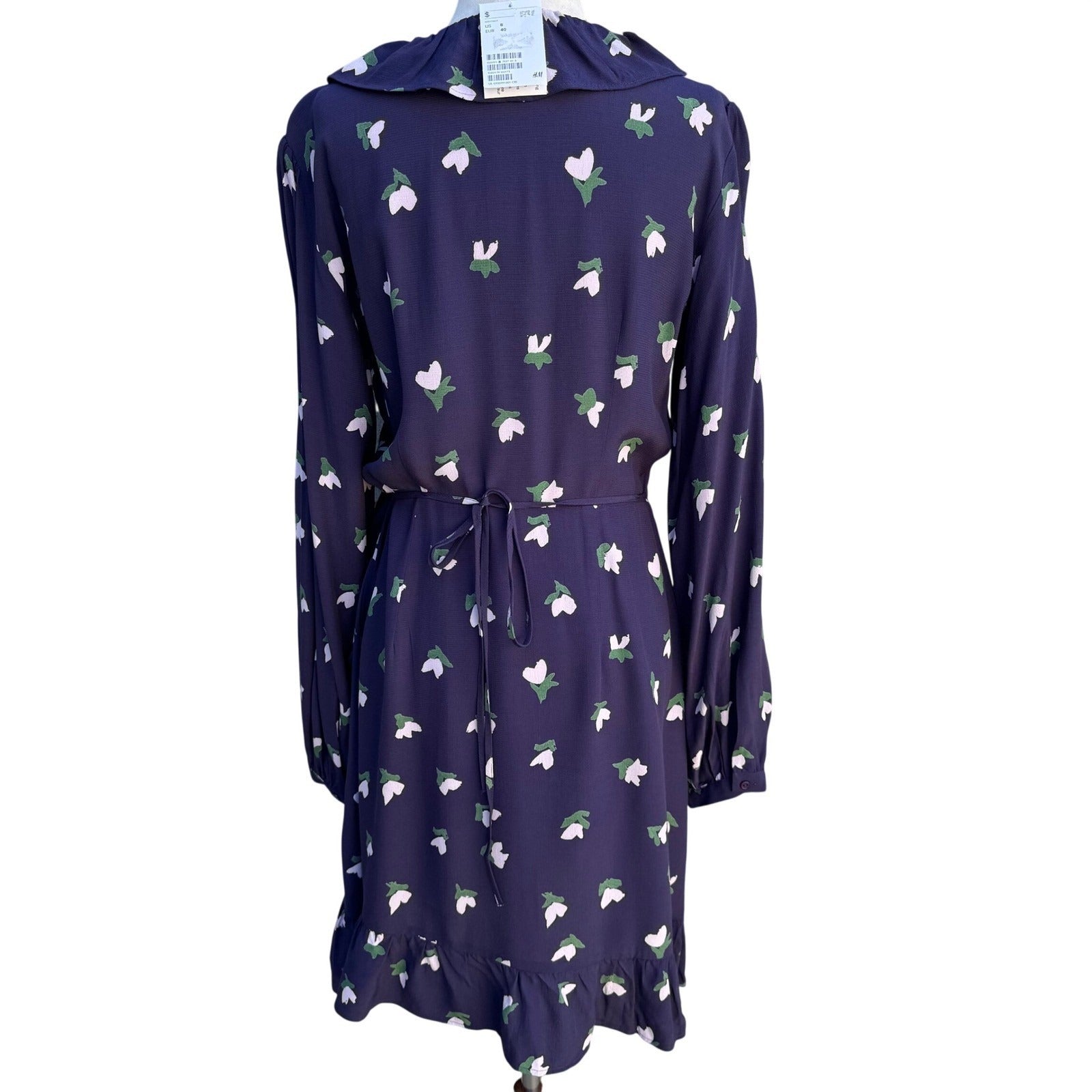 HM Navy Blue Floral Tulip Feminine Boho Ruffle Wrap Dress Long Sleeve Size 8 NEW
