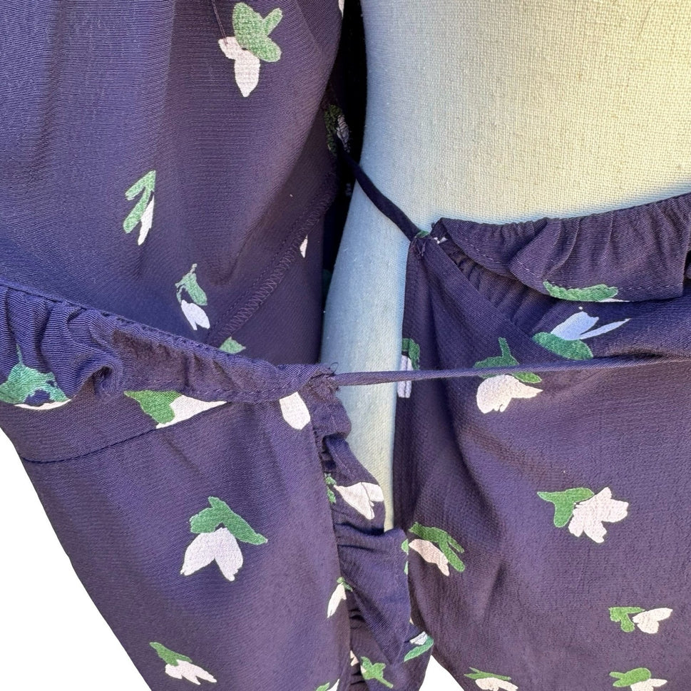 HM Navy Blue Floral Tulip Feminine Boho Ruffle Wrap Dress Long Sleeve Size 8 NEW