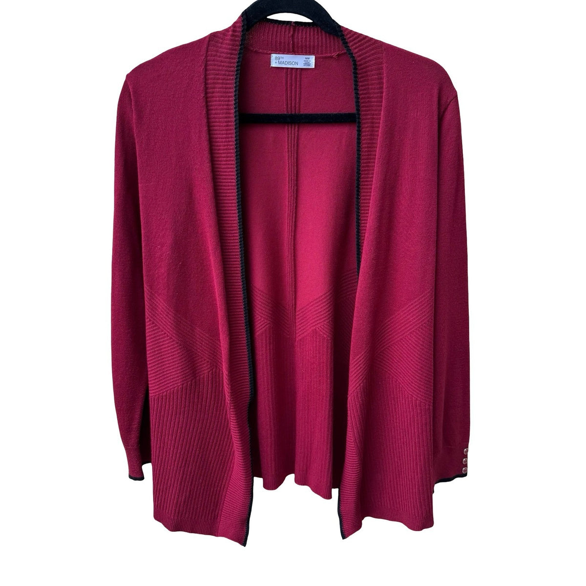 89th + Madison Dark Academia Minimalist Ribbed Open Front Cardigan Burgundy M