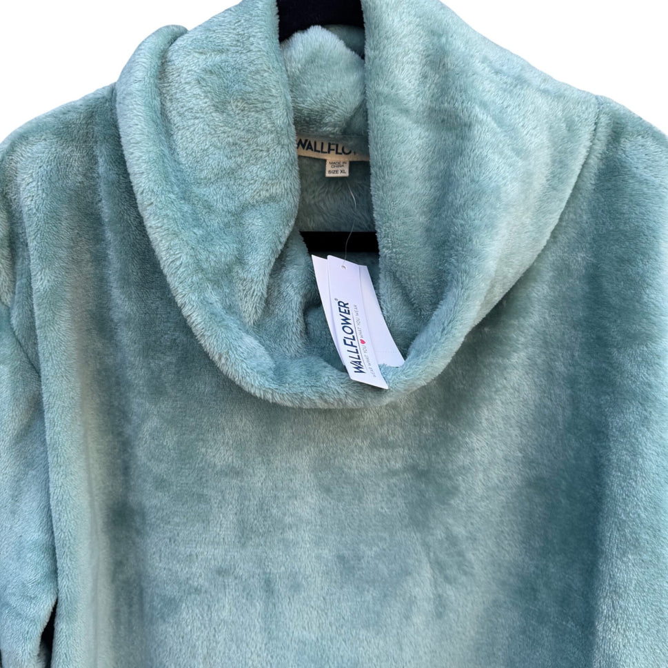 Wallflower Womens XL Aqua Plush Fleece Pullover Cowl Neck Cozy Lounge Crop Top