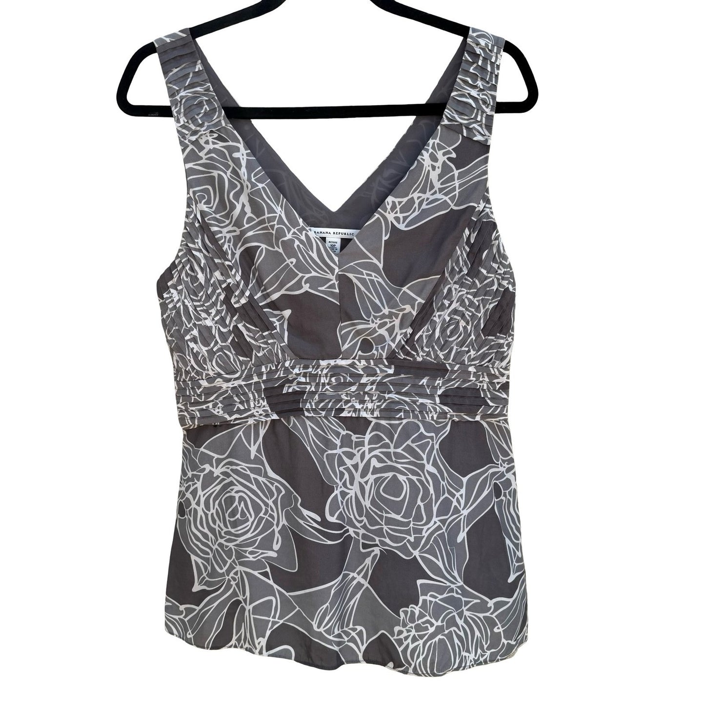 Banana Republic Gray Floral Silk V-Neck Empire Waist Blouse 10P Romantic Luxury
