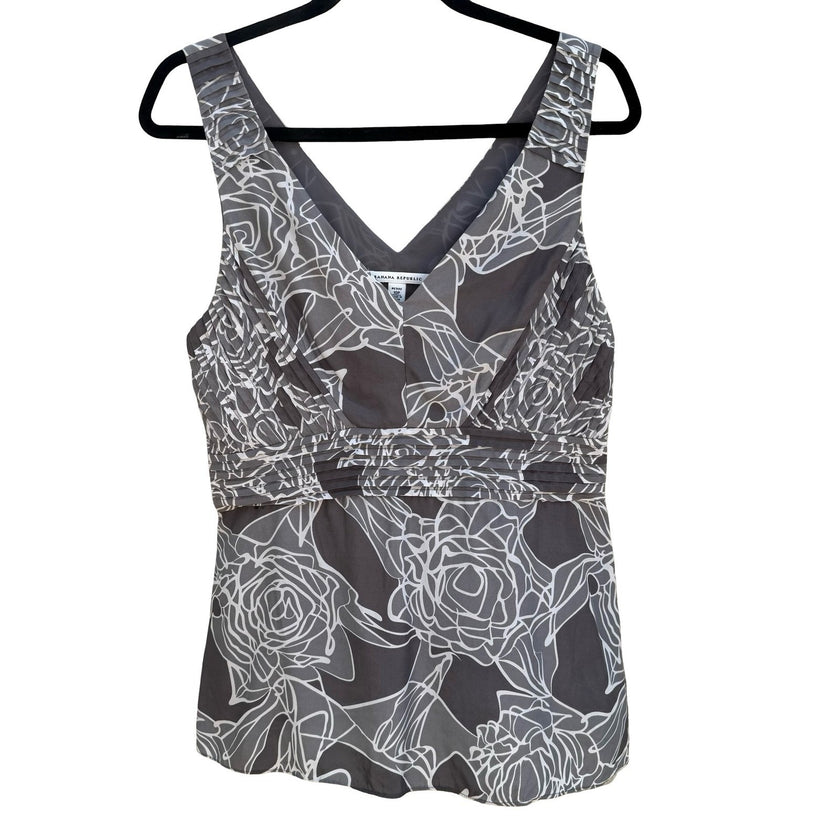 Banana Republic Gray Floral Silk V-Neck Empire Waist Blouse 10P Romantic Luxury