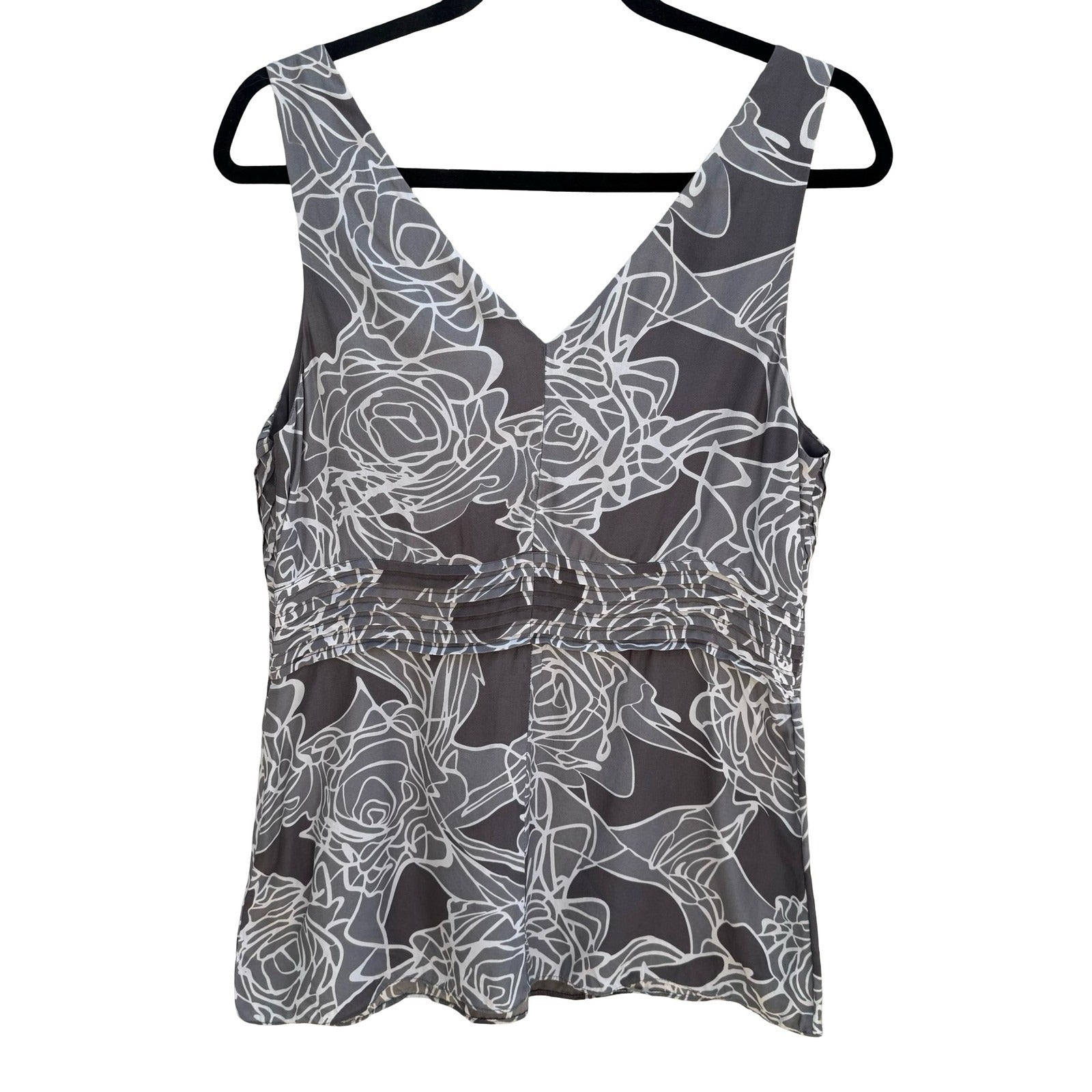 Banana Republic Gray Floral Silk V-Neck Empire Waist Blouse 10P Romantic Luxury