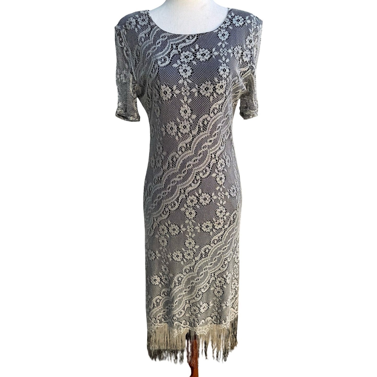 BFA Vintage 90s Flapper Great Gatsby Art Silver Floral Lace Fringe Midi Dress 10