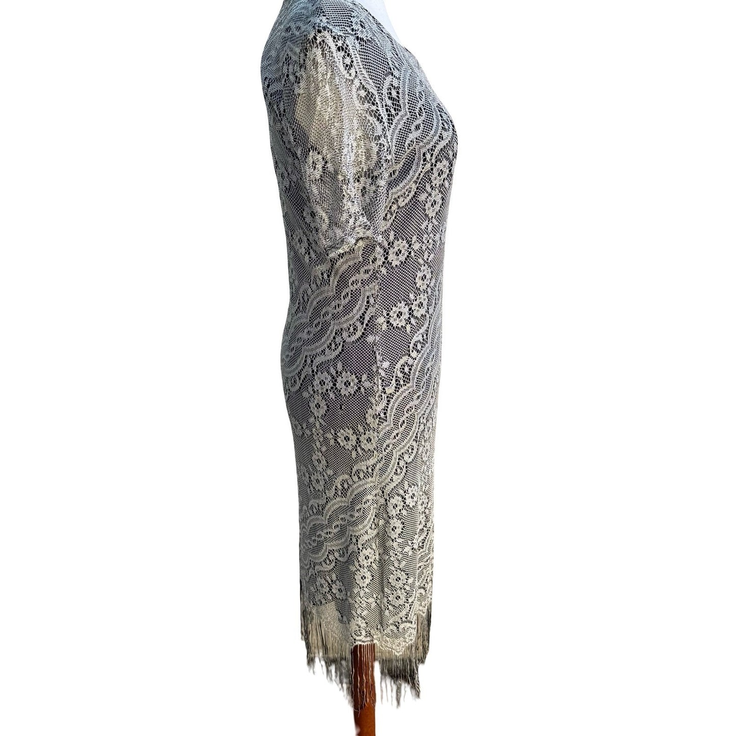 BFA Vintage 90s Flapper Great Gatsby Art Silver Floral Lace Fringe Midi Dress 10