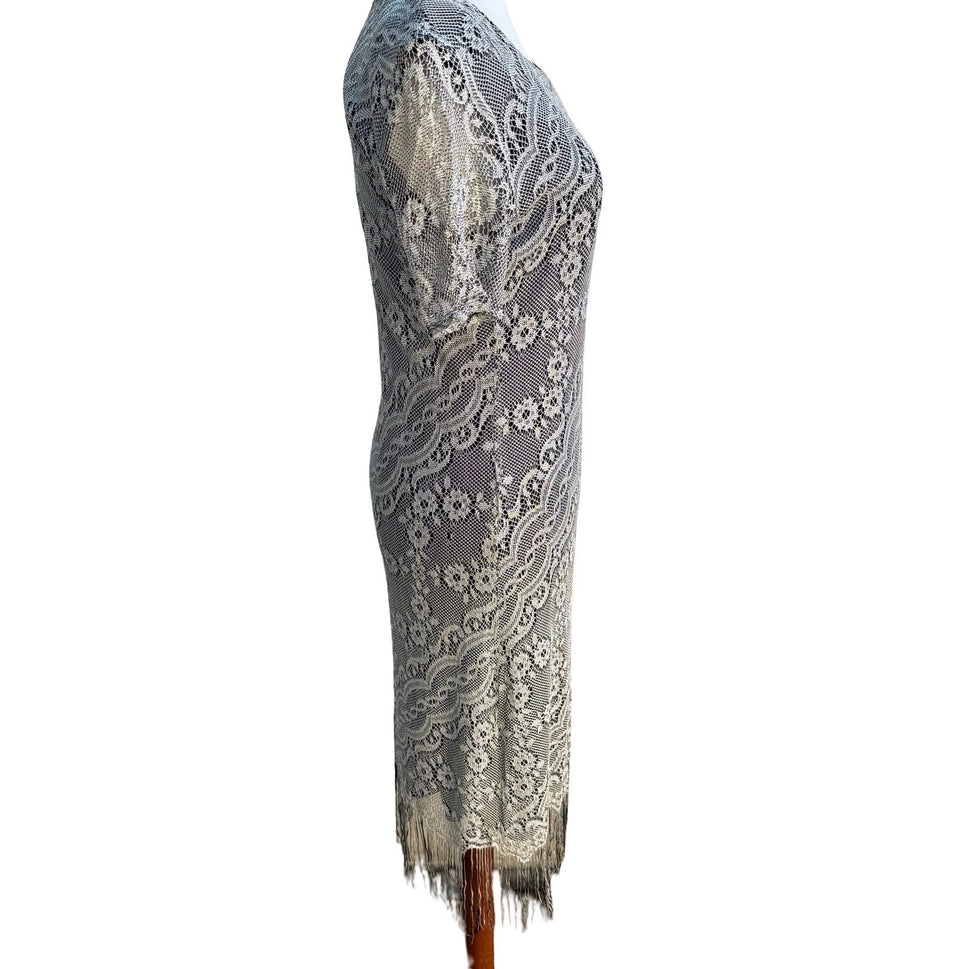 BFA Vintage 90s Flapper Great Gatsby Art Silver Floral Lace Fringe Midi Dress 10