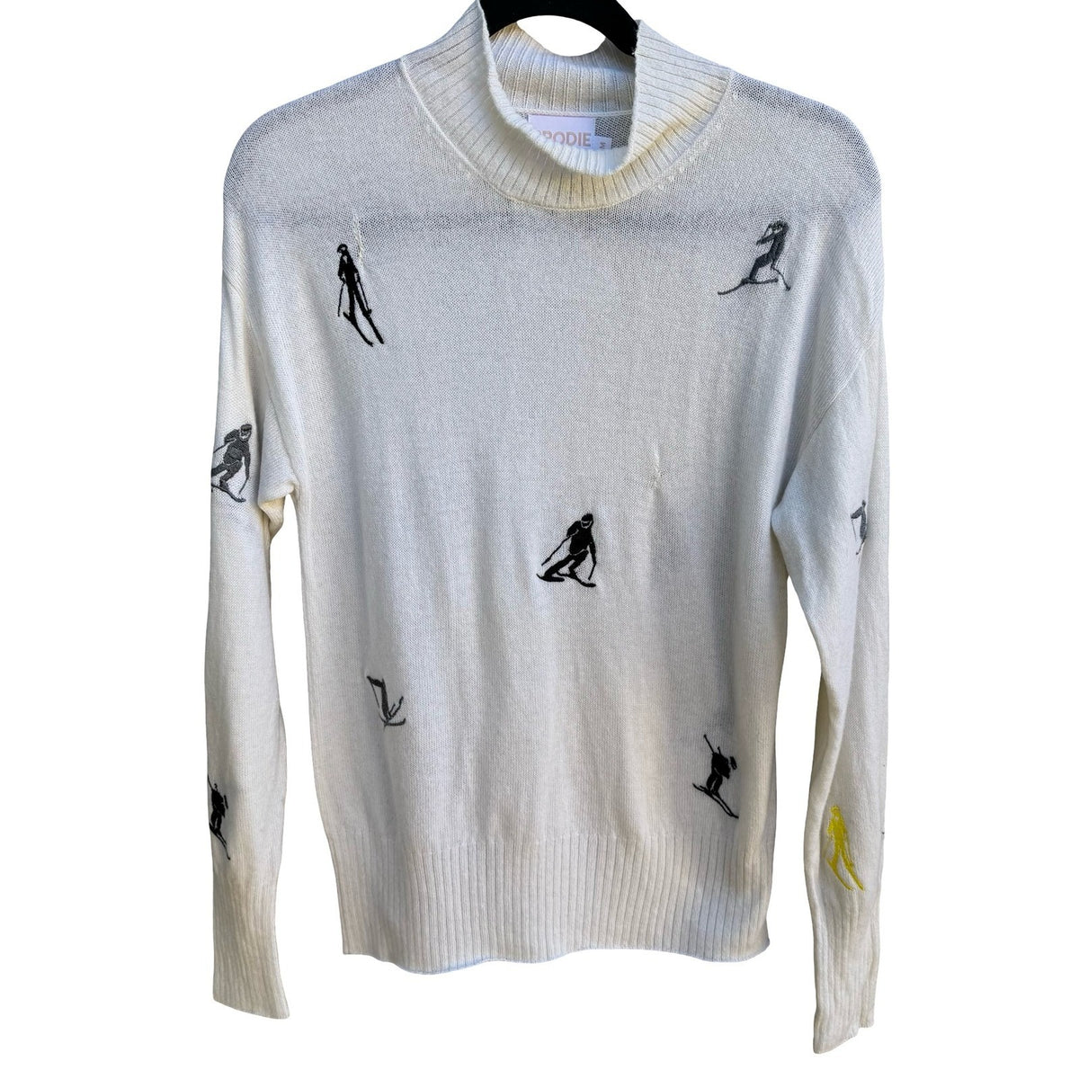 Brodie Cashmere Skier Luxury Whimsical Embroidered Mock Neck Novelty Sweater M