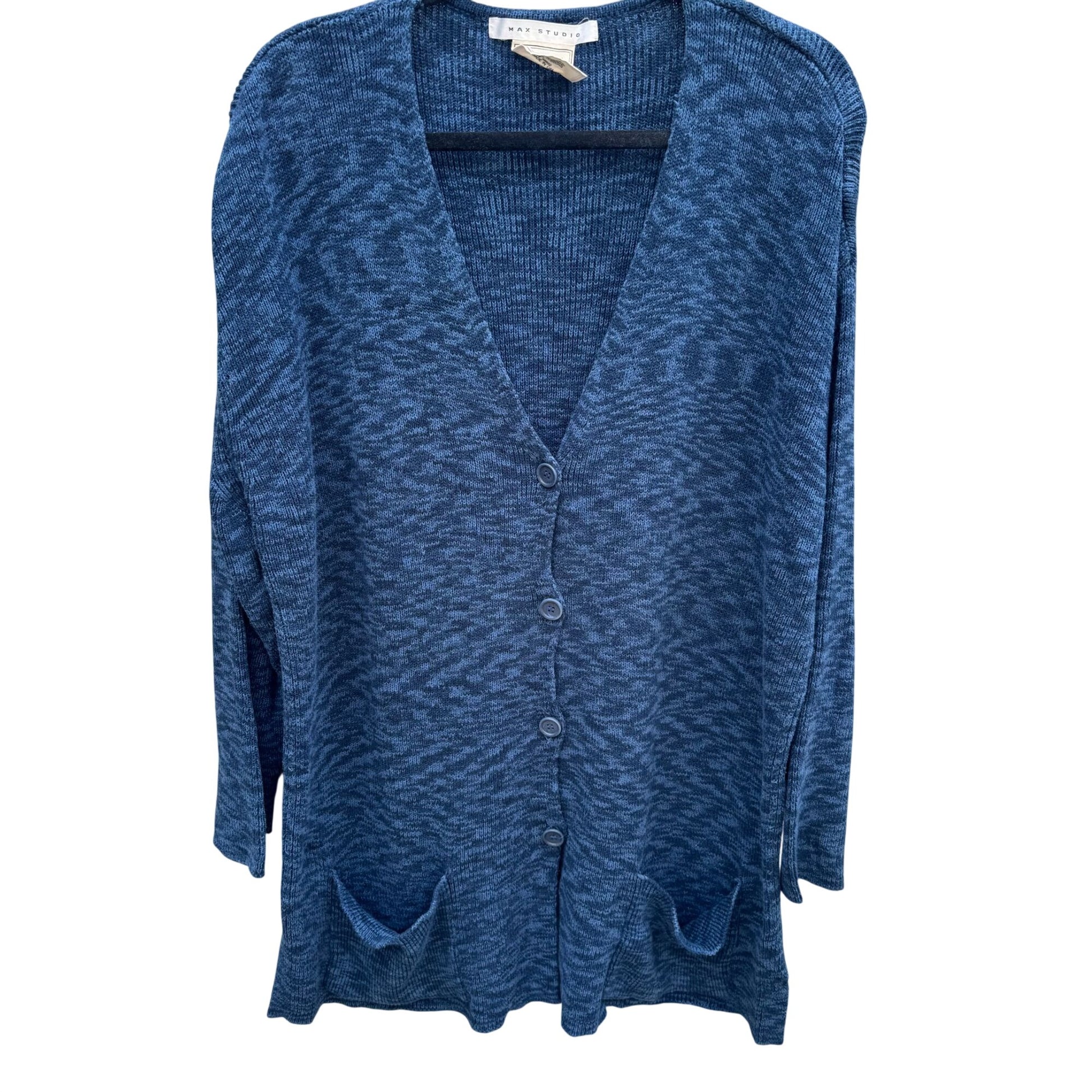 Max Studio Knitwear Womens Blue Button-Up Marled Knit V Neck Cardigan Sweater XL