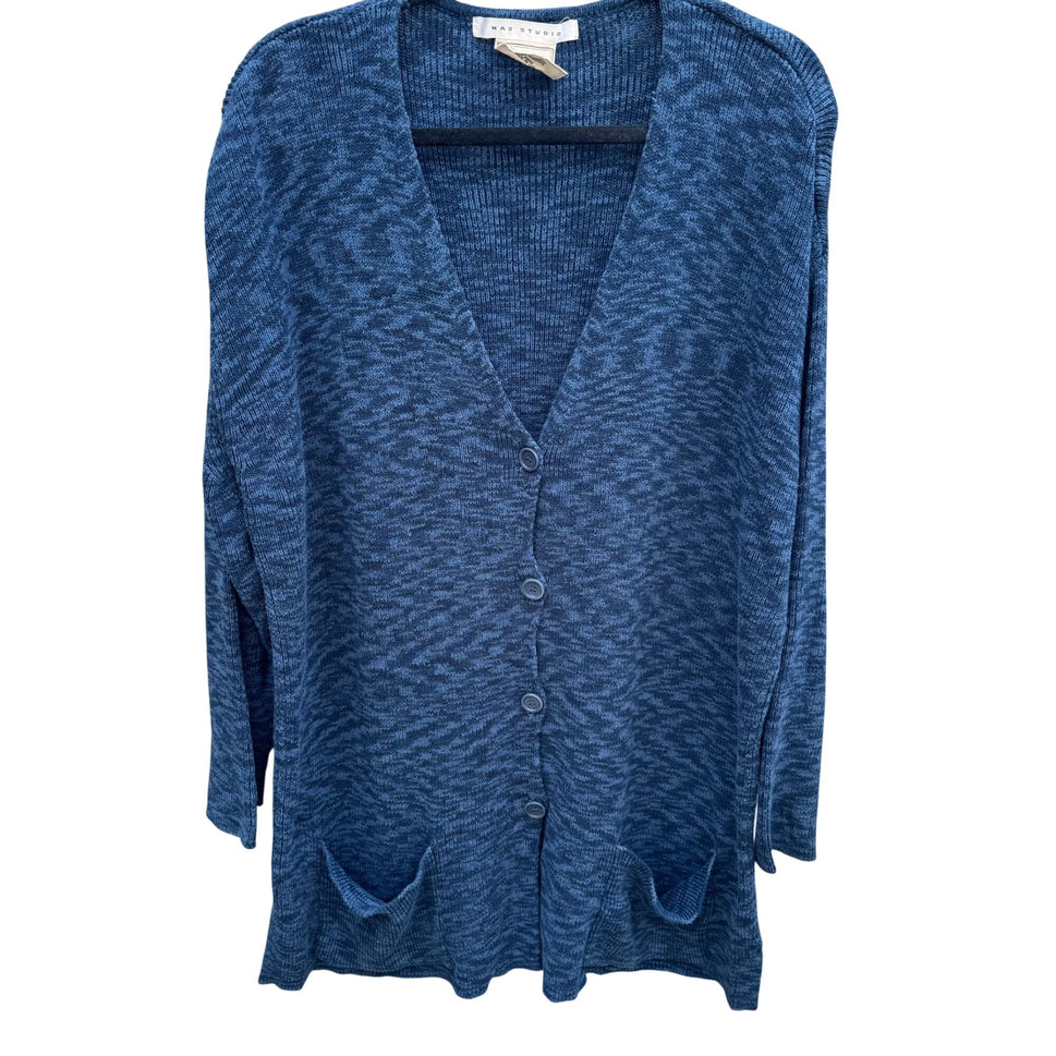 Max Studio Knitwear Womens Blue Button-Up Marled Knit V Neck Cardigan Sweater XL