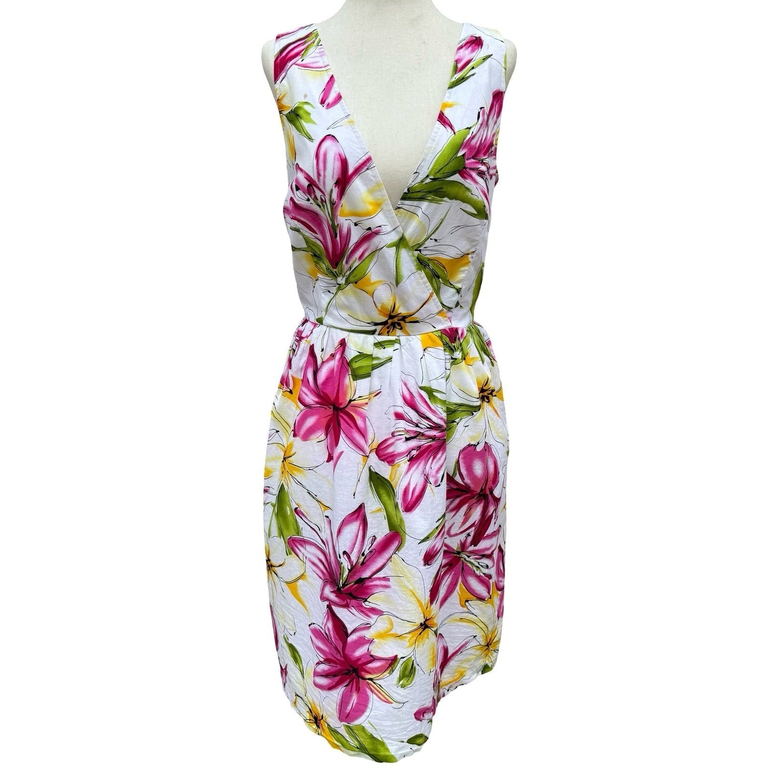 Scarlett Womens 8 Floral Lily Print V-Neck Fit Flare Dress White Pink Feminine