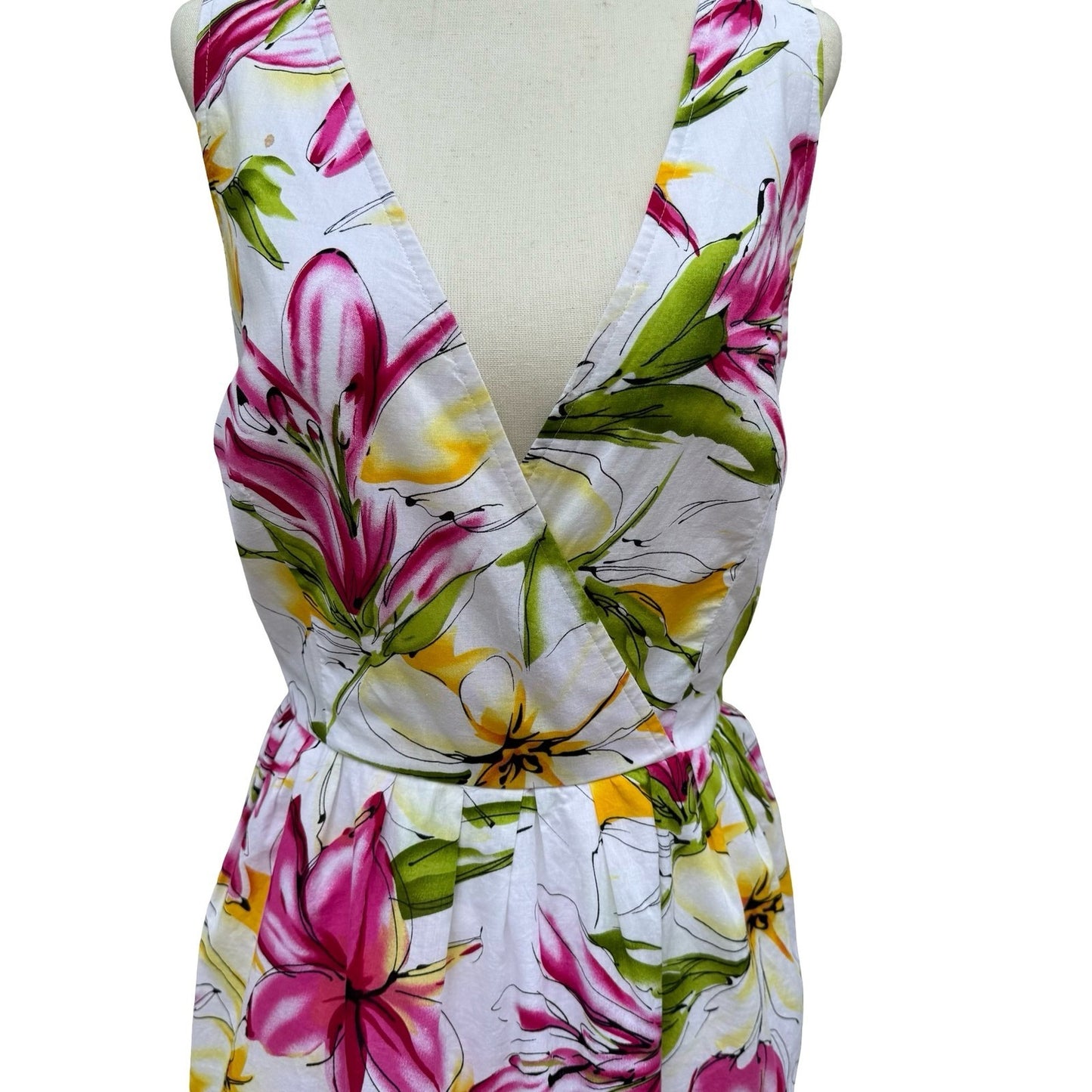 Scarlett Womens 8 Floral Lily Print V-Neck Fit Flare Dress White Pink Feminine