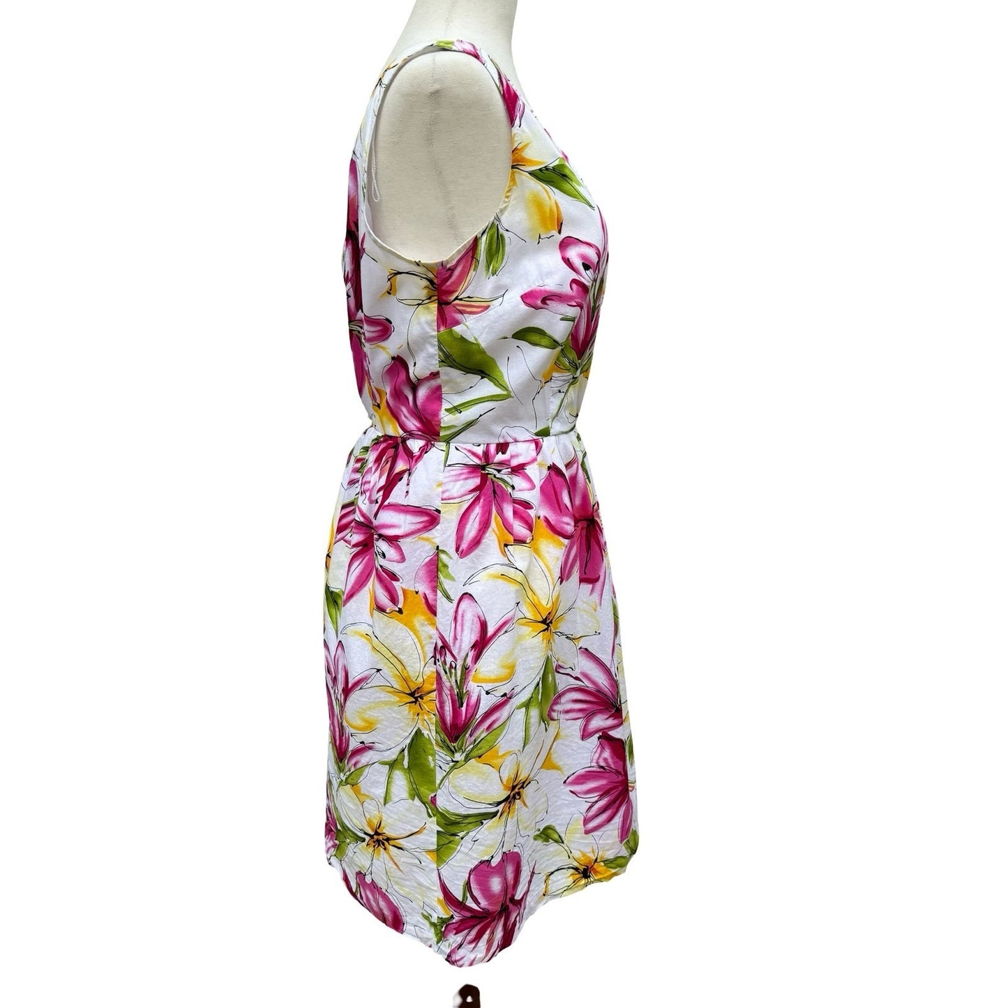 Scarlett Womens 8 Floral Lily Print V-Neck Fit Flare Dress White Pink Feminine