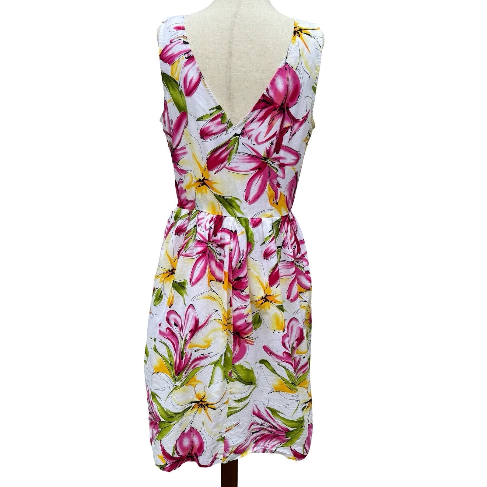 Scarlett Womens 8 Floral Lily Print V-Neck Fit Flare Dress White Pink Feminine
