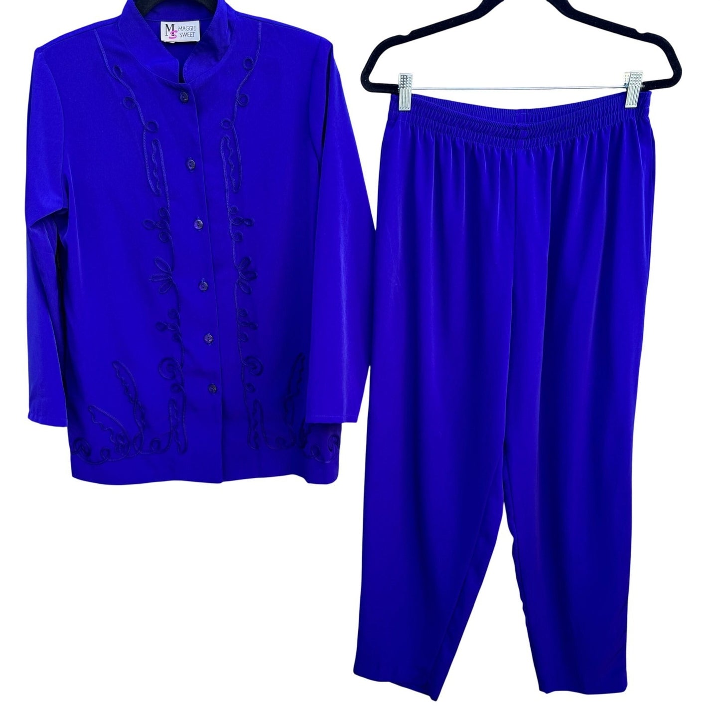 Maggie Sweet Vintage Womens Royal Blue Soutache Embroidered Tunic Pants Set 2P
