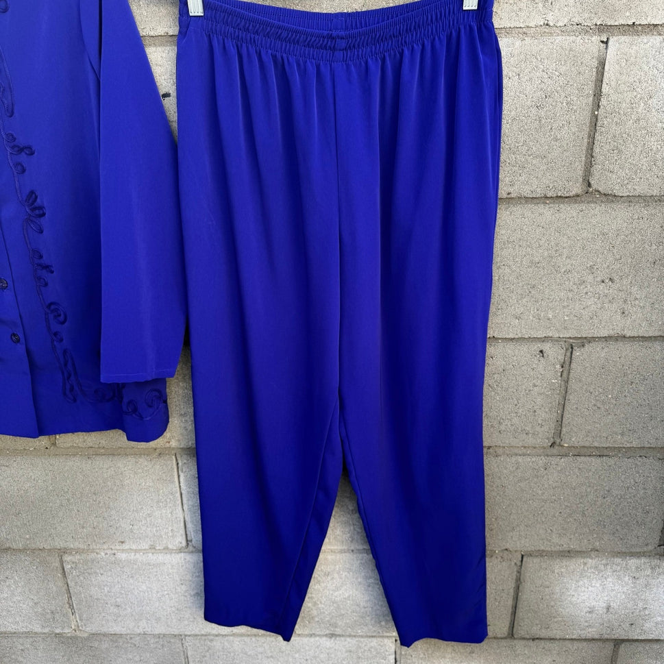 Maggie Sweet Vintage Womens Royal Blue Soutache Embroidered Tunic Pants Set 2P