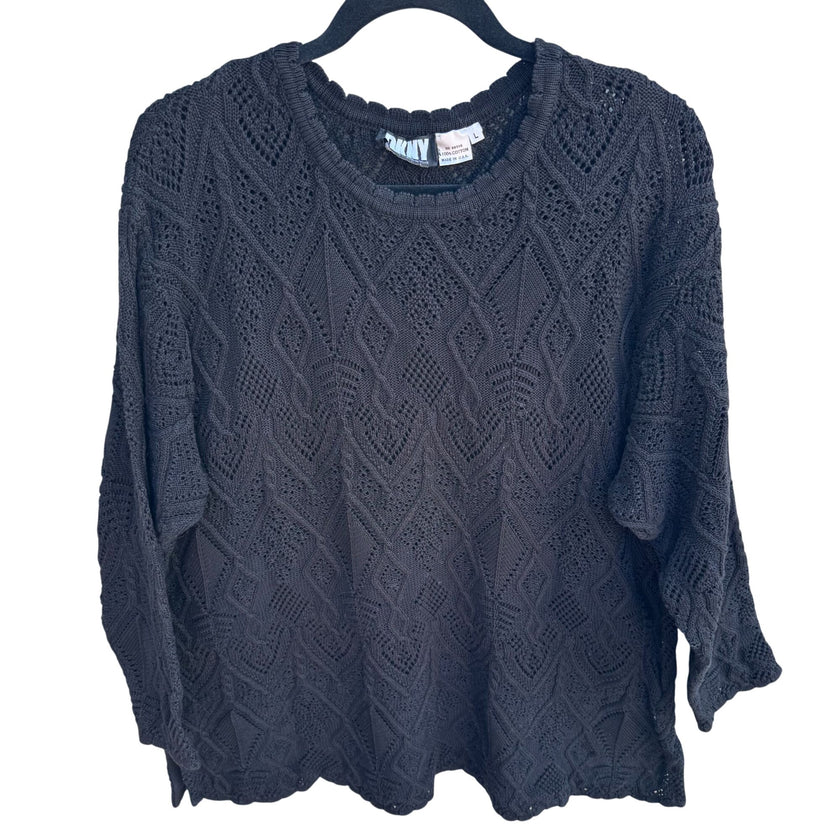 DKNY Vintage Black Crochet Open Chunky Knit Tunic Sweater L All Cotton Oversized