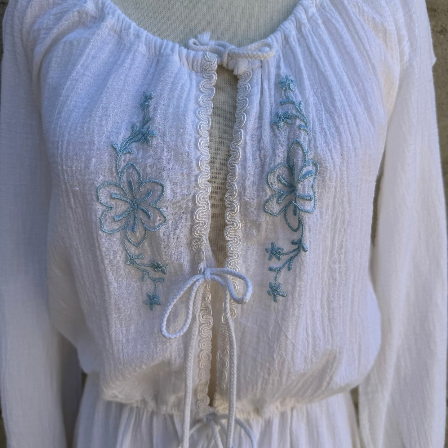 Vintage Ethereal White Gauze Embroidered Peasant Midi Dress Boho Cottagecore L
