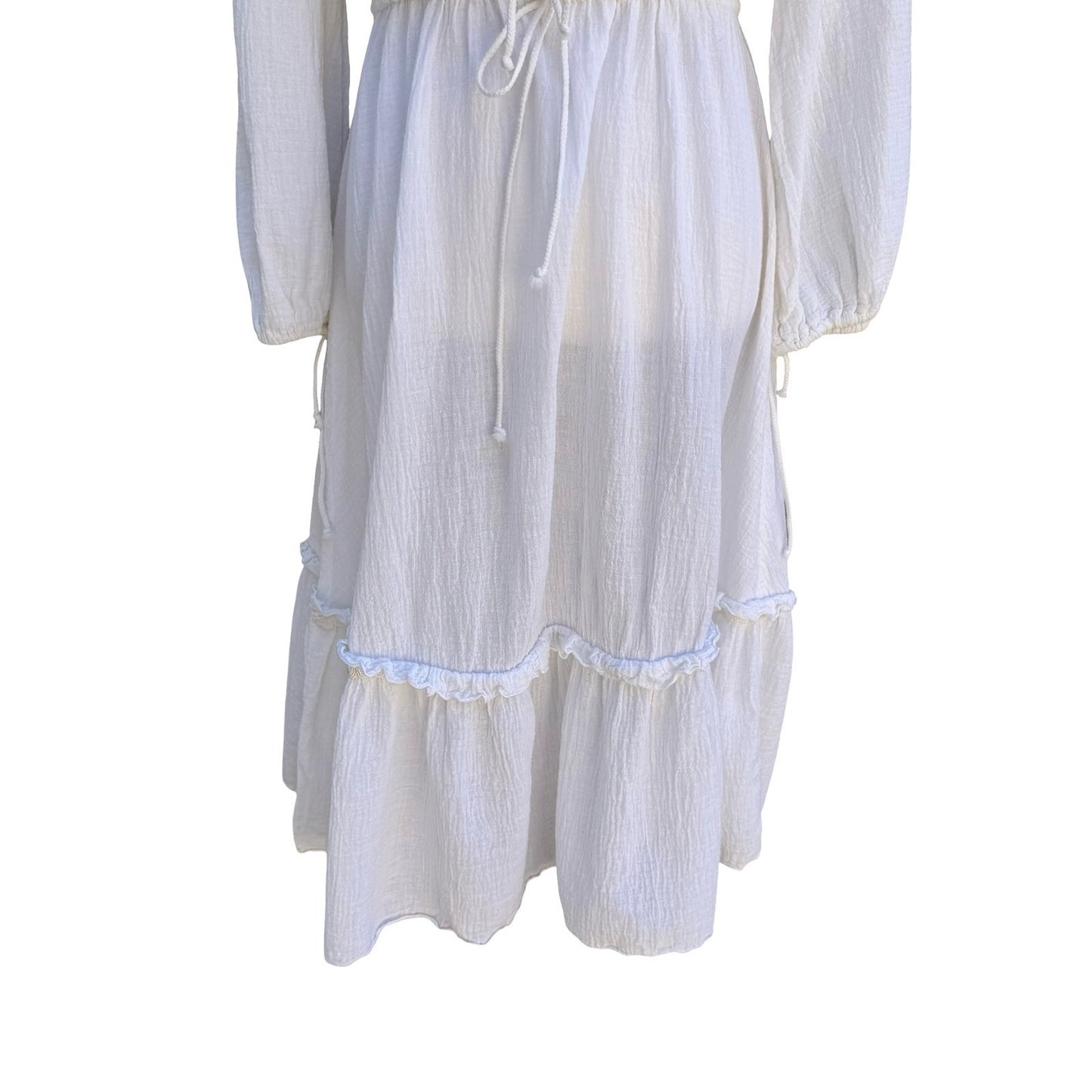 Vintage Ethereal White Gauze Embroidered Peasant Midi Dress Boho Cottagecore L
