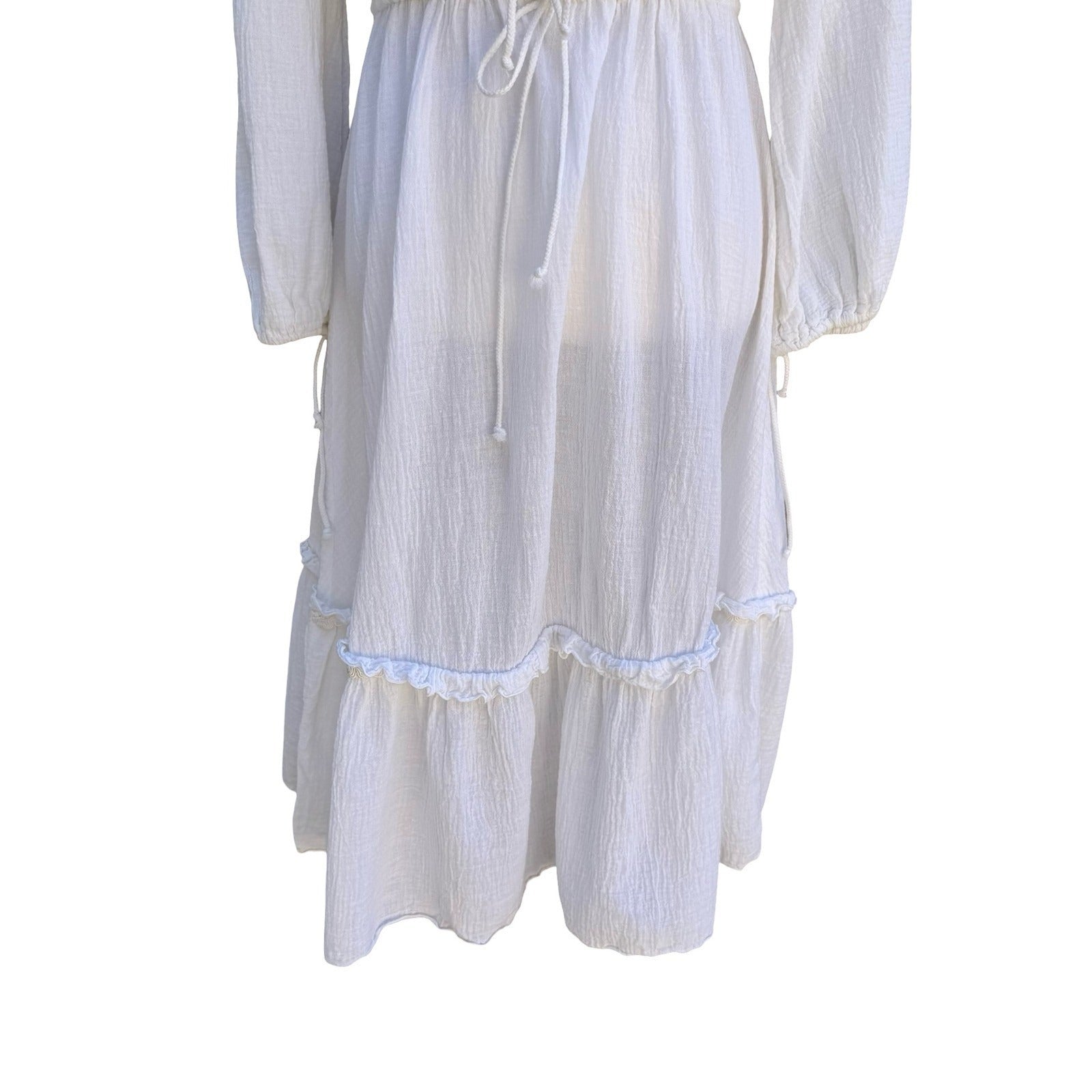 Vintage Ethereal White Gauze Embroidered Peasant Midi Dress Boho Cottagecore L