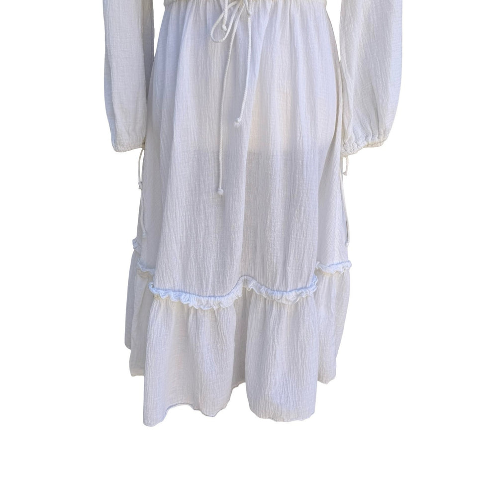 Vintage Ethereal White Gauze Embroidered Peasant Midi Dress Boho Cottagecore L