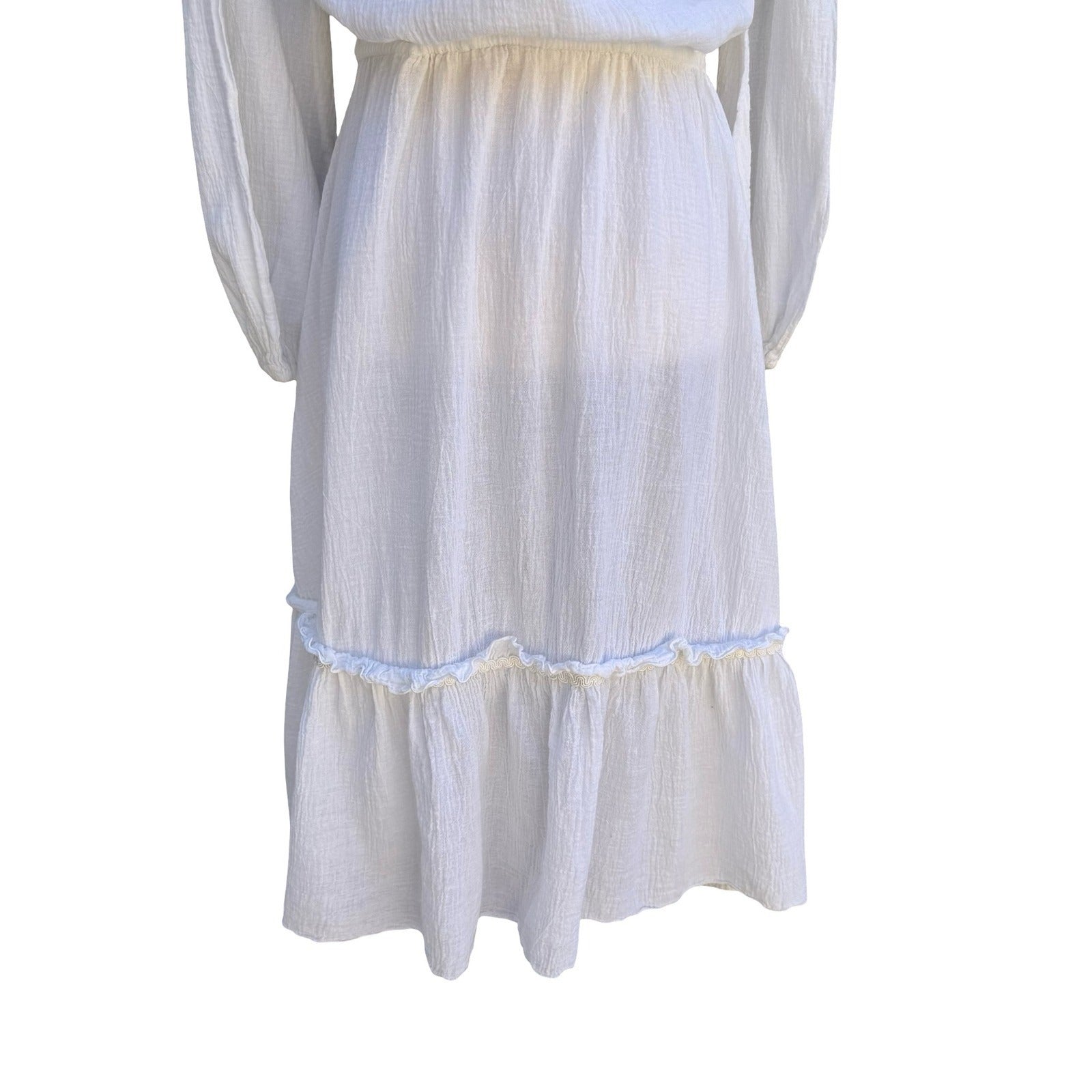 Vintage Ethereal White Gauze Embroidered Peasant Midi Dress Boho Cottagecore L