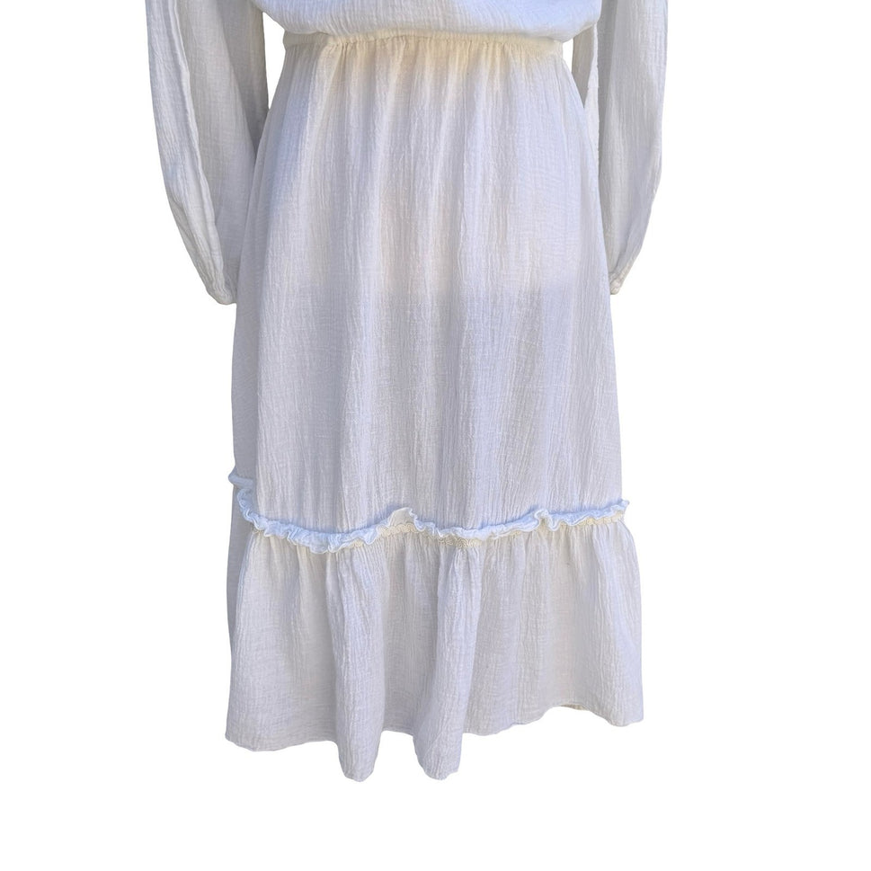 Vintage Ethereal White Gauze Embroidered Peasant Midi Dress Boho Cottagecore L