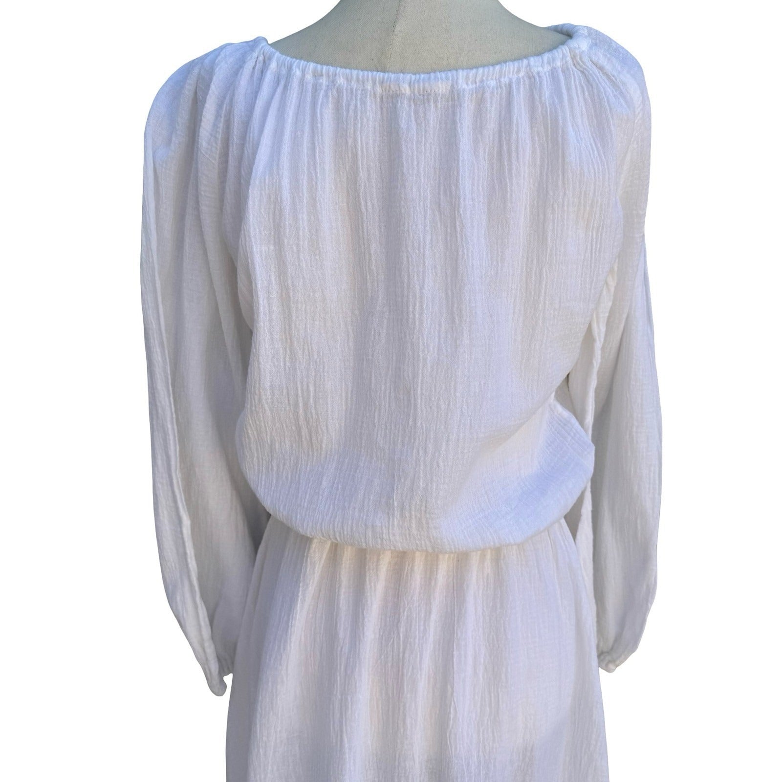 Vintage Ethereal White Gauze Embroidered Peasant Midi Dress Boho Cottagecore L
