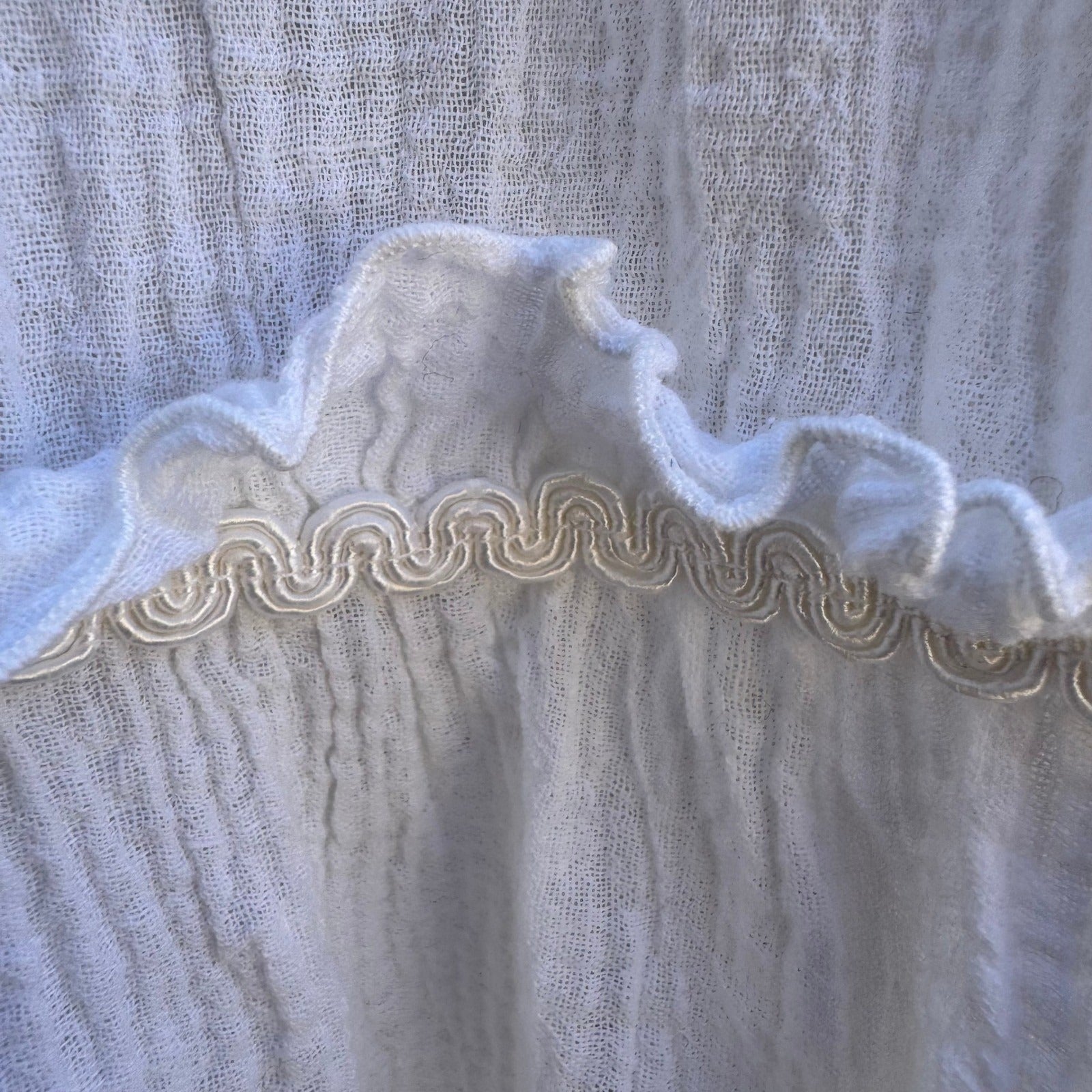 Vintage Ethereal White Gauze Embroidered Peasant Midi Dress Boho Cottagecore L