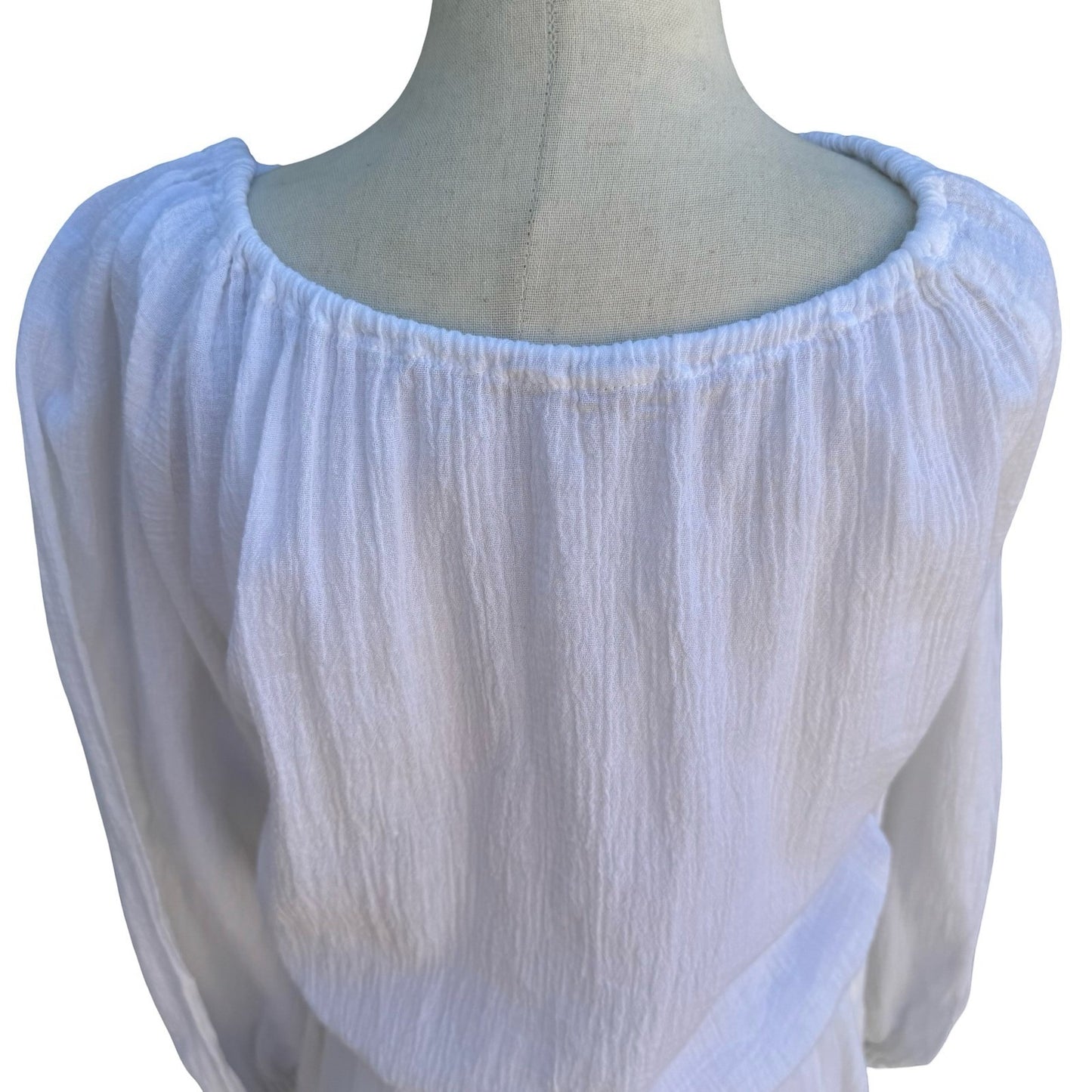 Vintage Ethereal White Gauze Embroidered Peasant Midi Dress Boho Cottagecore L