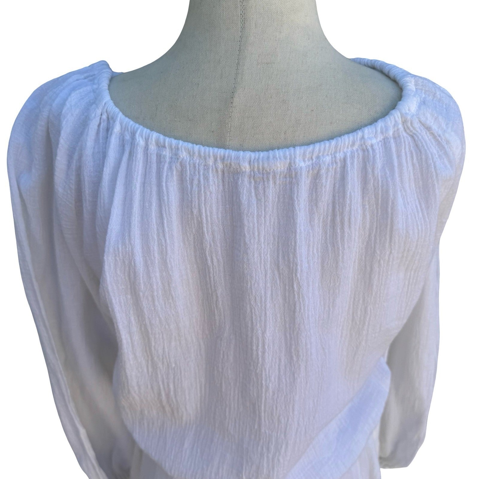 Vintage Ethereal White Gauze Embroidered Peasant Midi Dress Boho Cottagecore L
