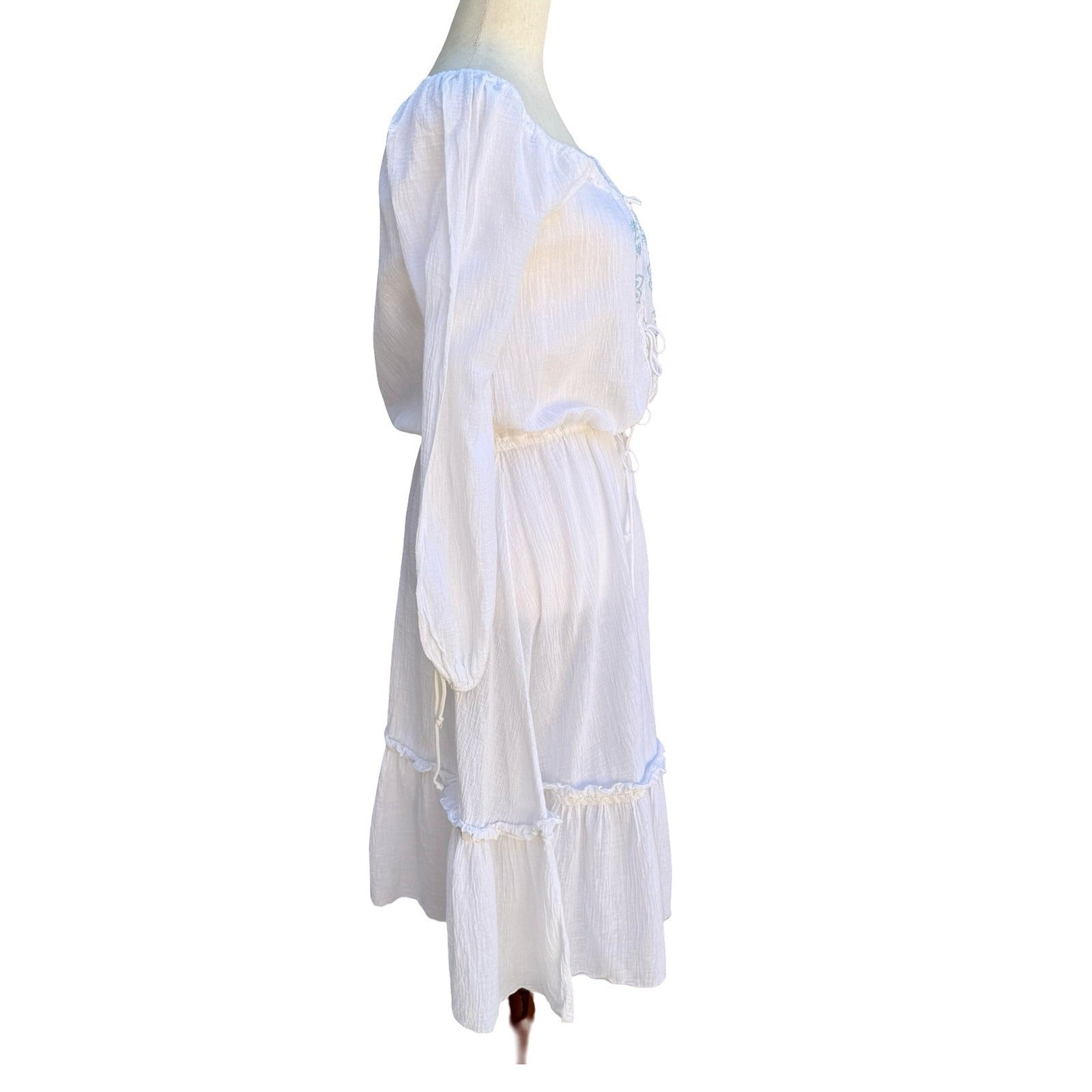 Vintage Ethereal White Gauze Embroidered Peasant Midi Dress Boho Cottagecore L