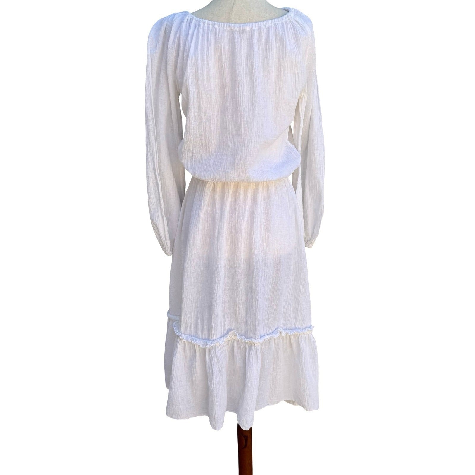 Vintage Ethereal White Gauze Embroidered Peasant Midi Dress Boho Cottagecore L