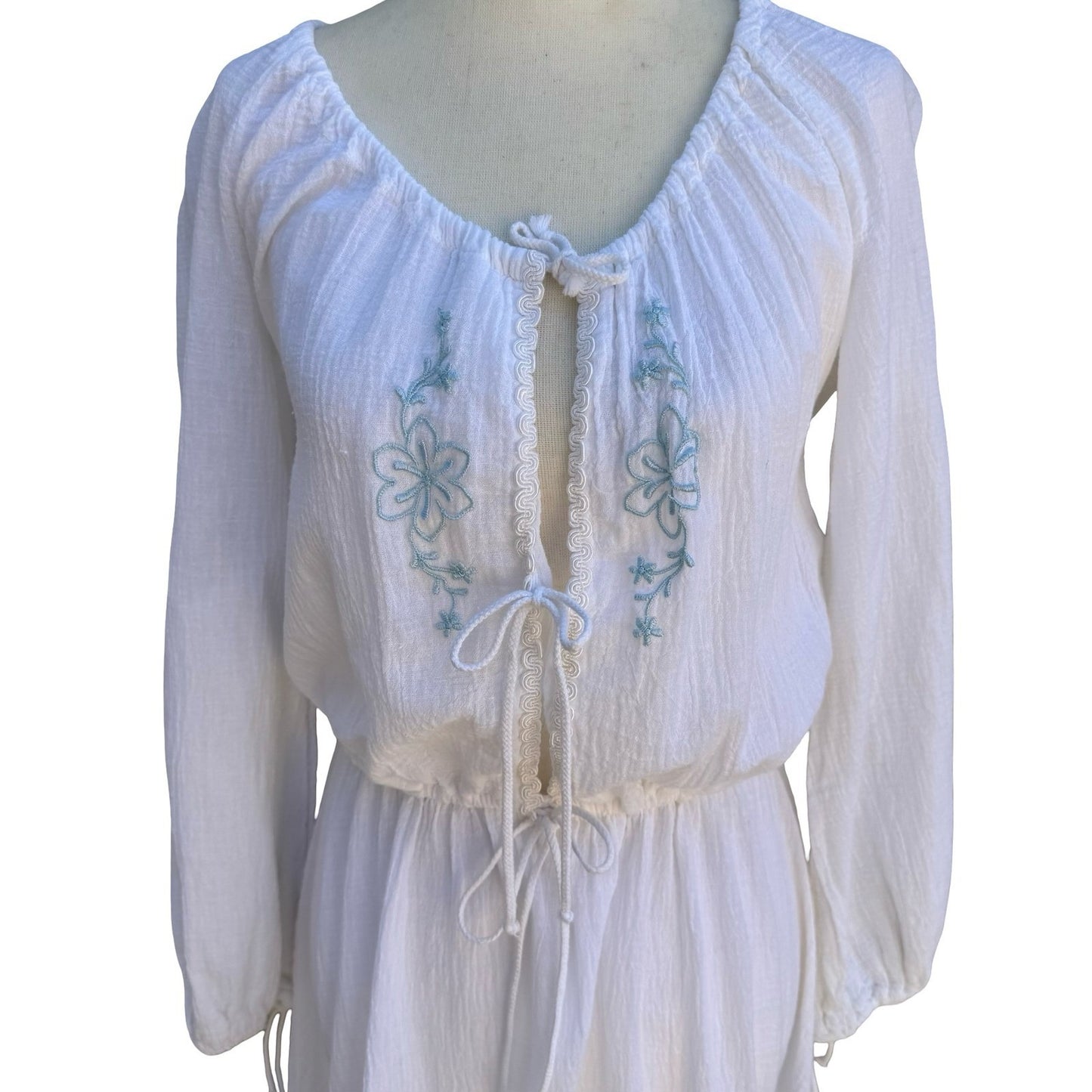 Vintage Ethereal White Gauze Embroidered Peasant Midi Dress Boho Cottagecore L