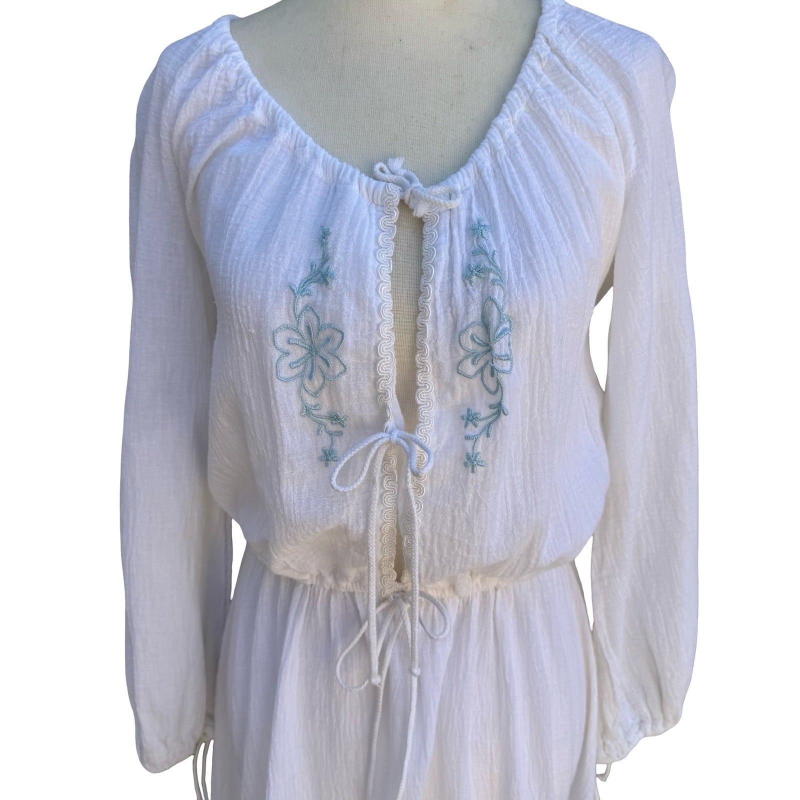 Vintage Ethereal White Gauze Embroidered Peasant Midi Dress Boho Cottagecore L
