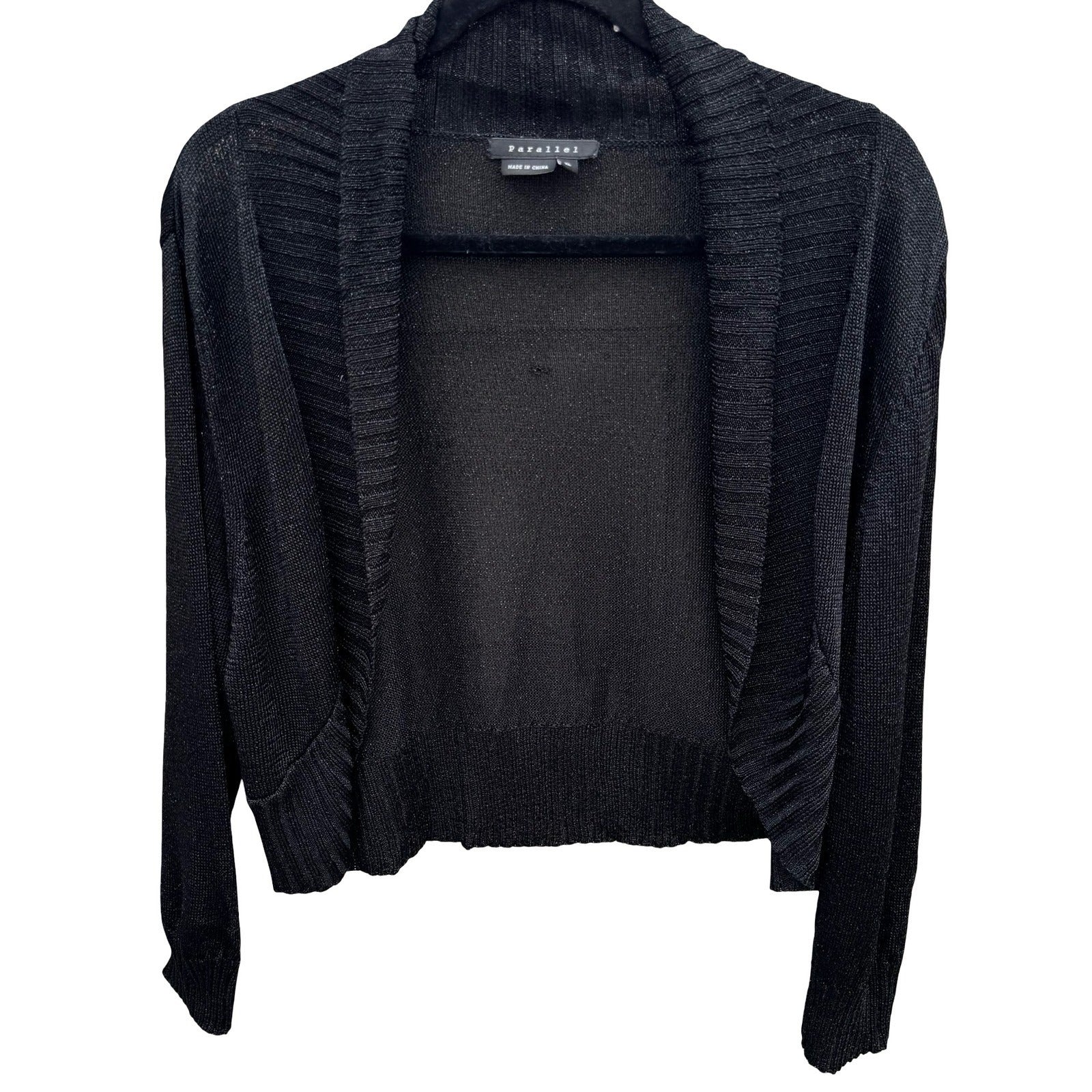 Parallel Womens XL Black Metallic Shimmer Open Front Crop Shrug Cardigan Sweater