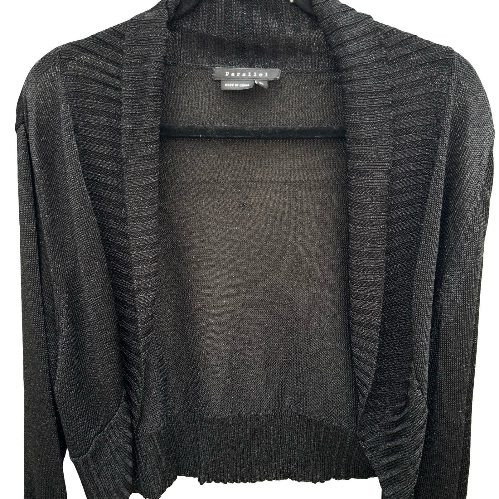 Parallel Womens XL Black Metallic Shimmer Open Front Crop Shrug Cardigan Sweater