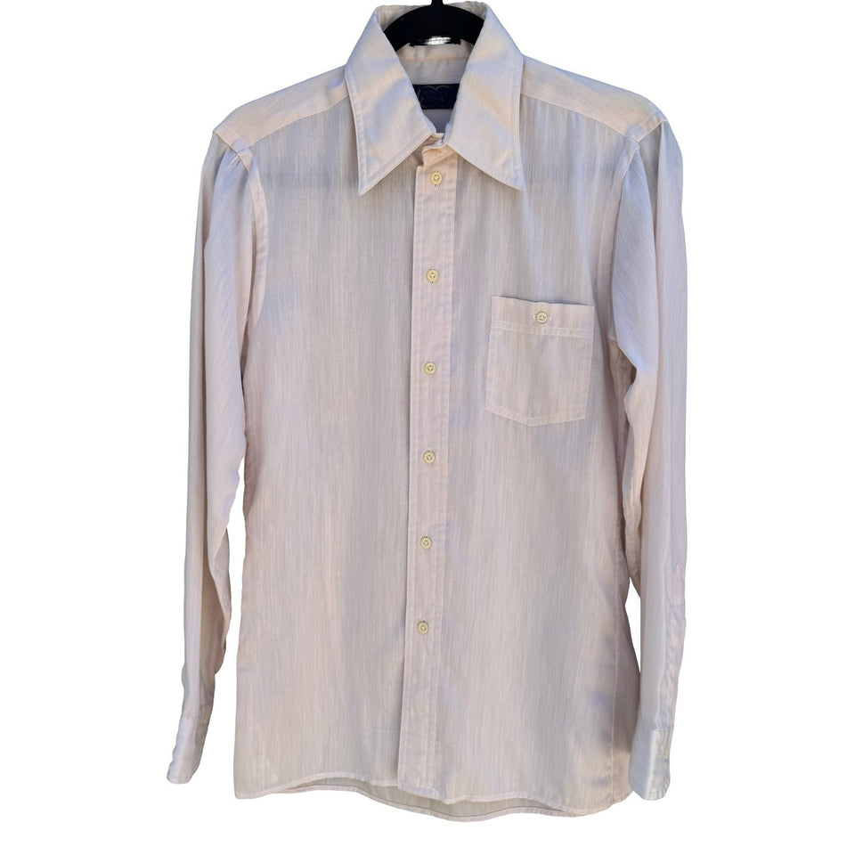 Hathaway Patch Two Vintage 70s Cream Herringbone Fitted Shirt Disco Dandy Mens S
