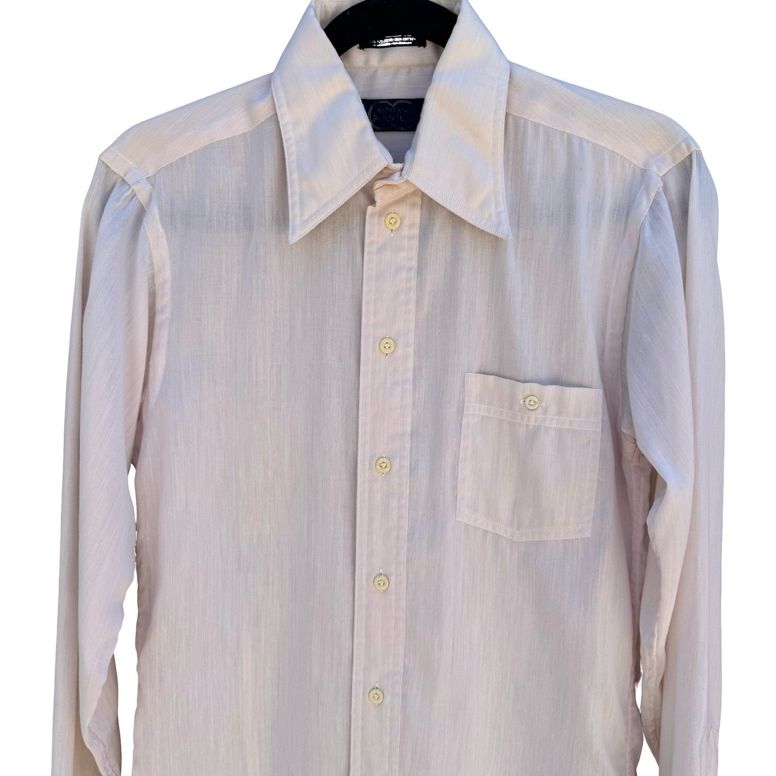 Hathaway Patch Two Vintage 70s Cream Herringbone Fitted Shirt Disco Dandy Mens S
