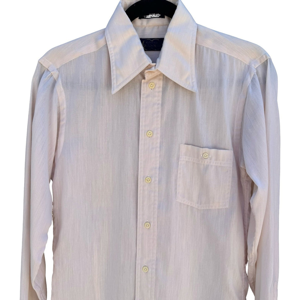 Hathaway Patch Two Vintage 70s Cream Herringbone Fitted Shirt Disco Dandy Mens S