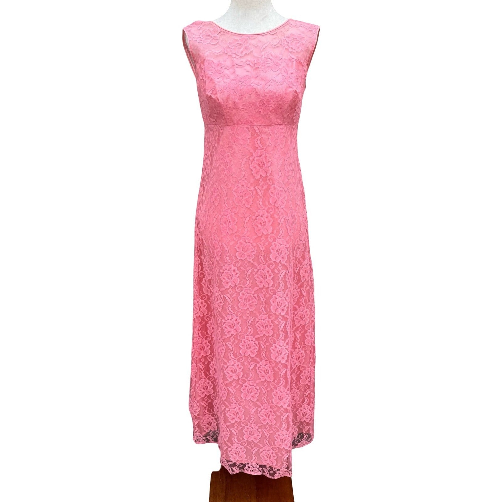 Vintage Pink Floral Lace Maxi Dress Low Back Bow Chiffon Pleated Gown Sleeveless
