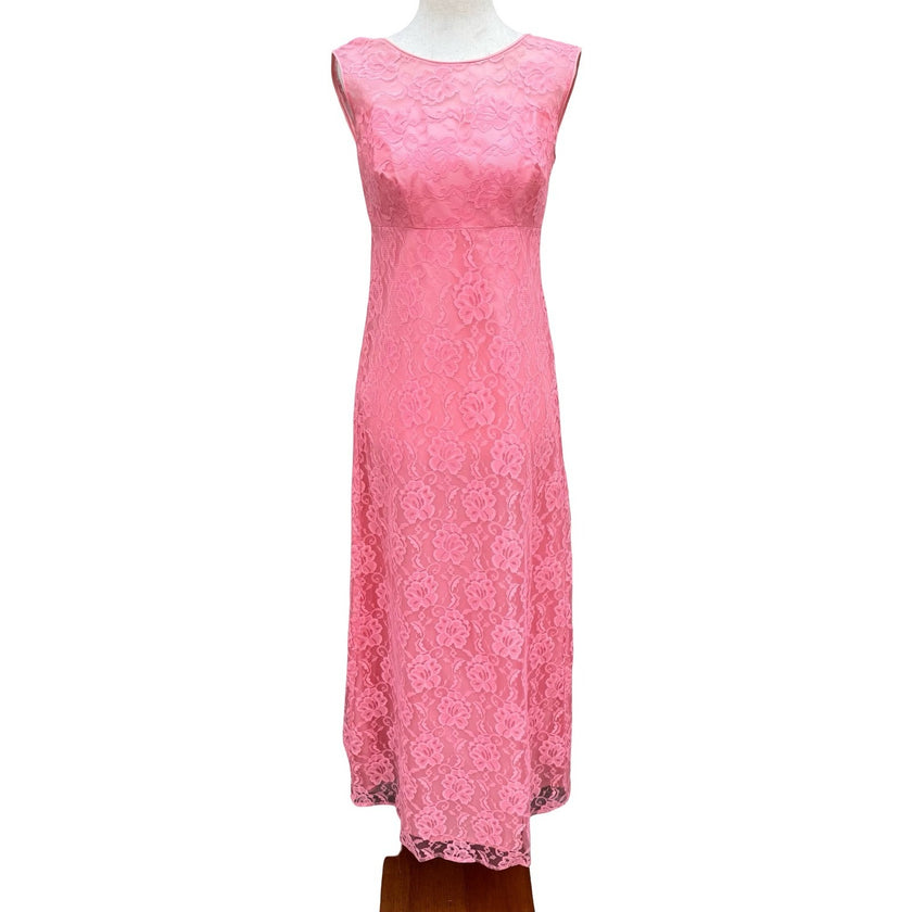 Vintage Pink Floral Lace Maxi Dress Low Back Bow Chiffon Pleated Gown Sleeveless