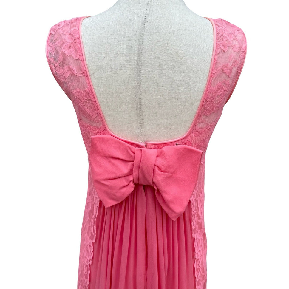 Vintage Pink Floral Lace Maxi Dress Low Back Bow Chiffon Pleated Gown Sleeveless