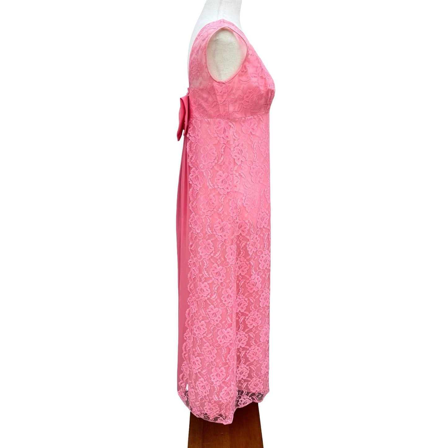 Vintage Pink Floral Lace Maxi Dress Low Back Bow Chiffon Pleated Gown Sleeveless