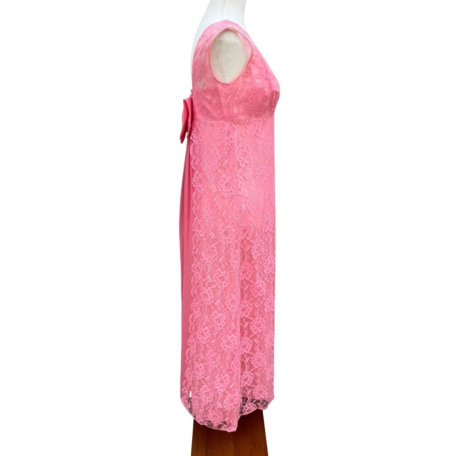 Vintage Pink Floral Lace Maxi Dress Low Back Bow Chiffon Pleated Gown Sleeveless