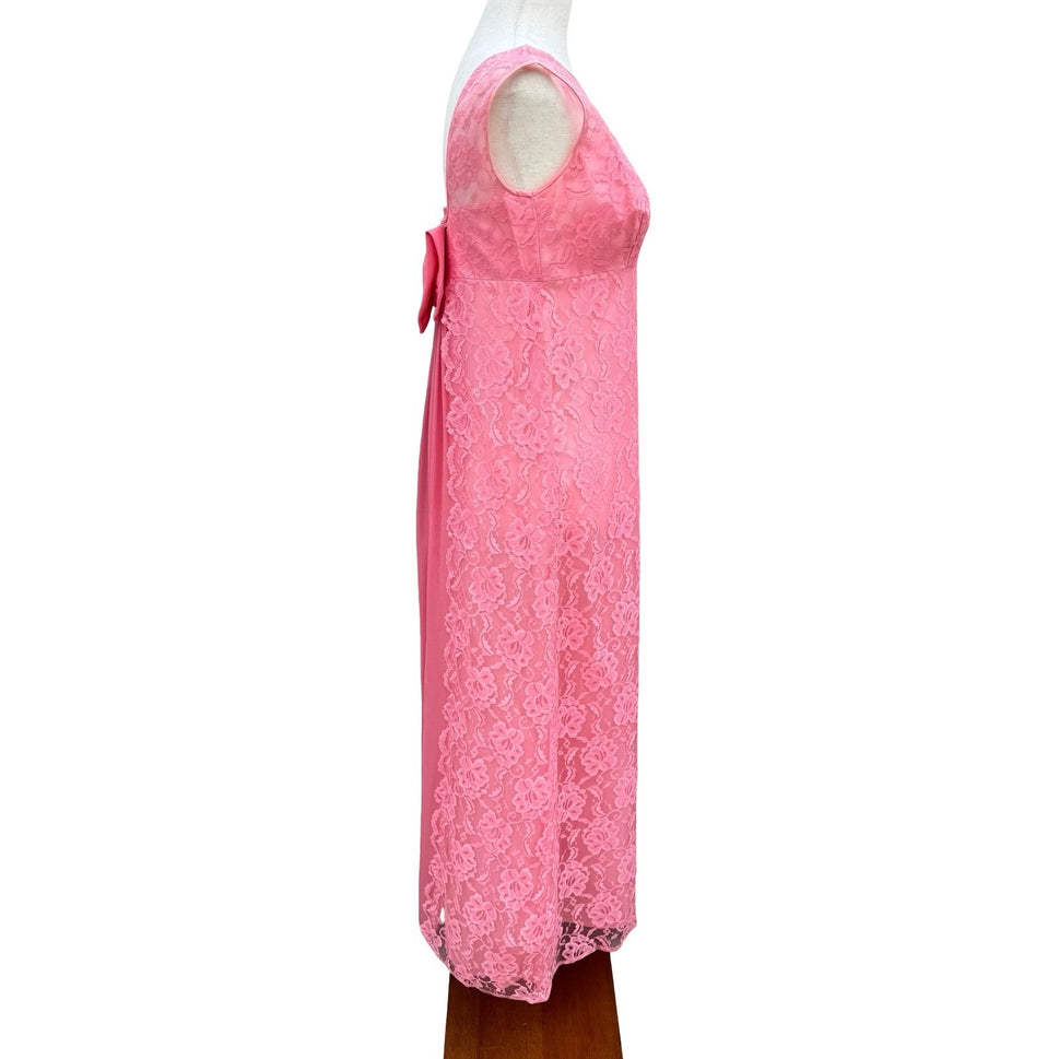 Vintage Pink Floral Lace Maxi Dress Low Back Bow Chiffon Pleated Gown Sleeveless