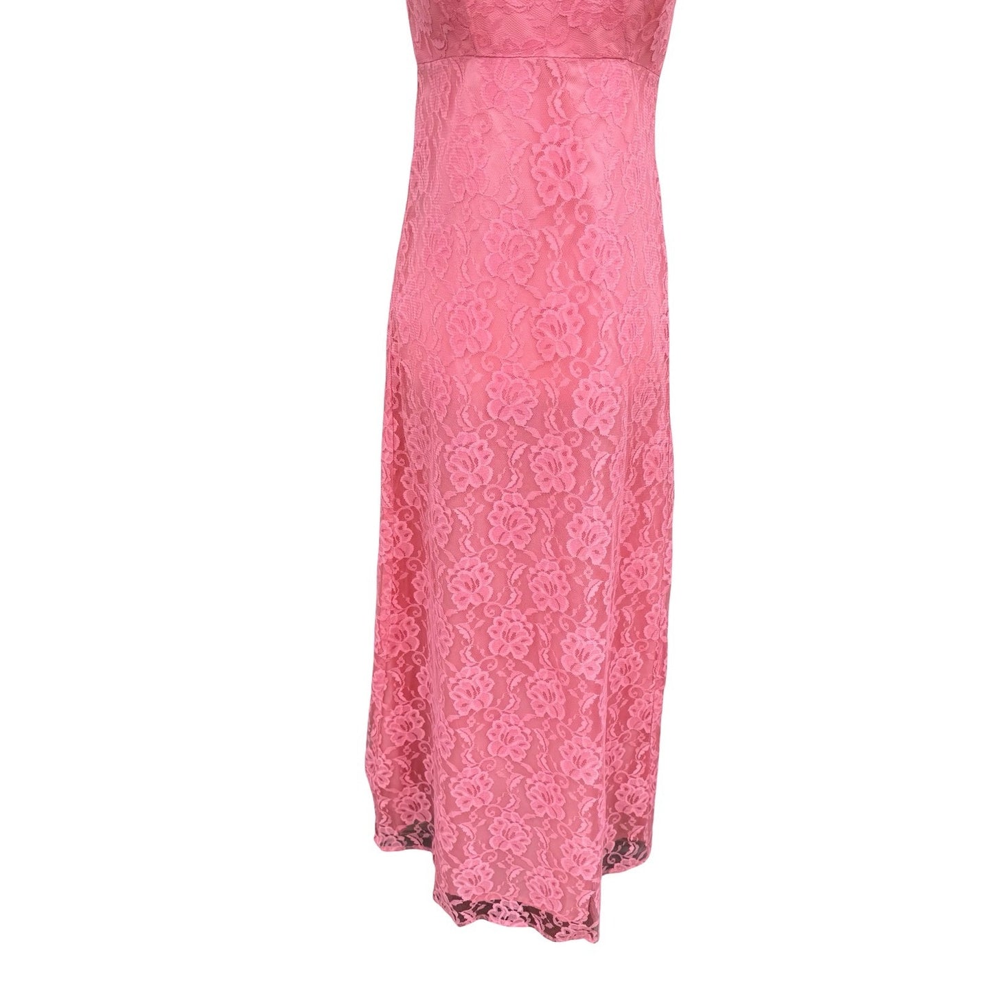 Vintage Pink Floral Lace Maxi Dress Low Back Bow Chiffon Pleated Gown Sleeveless