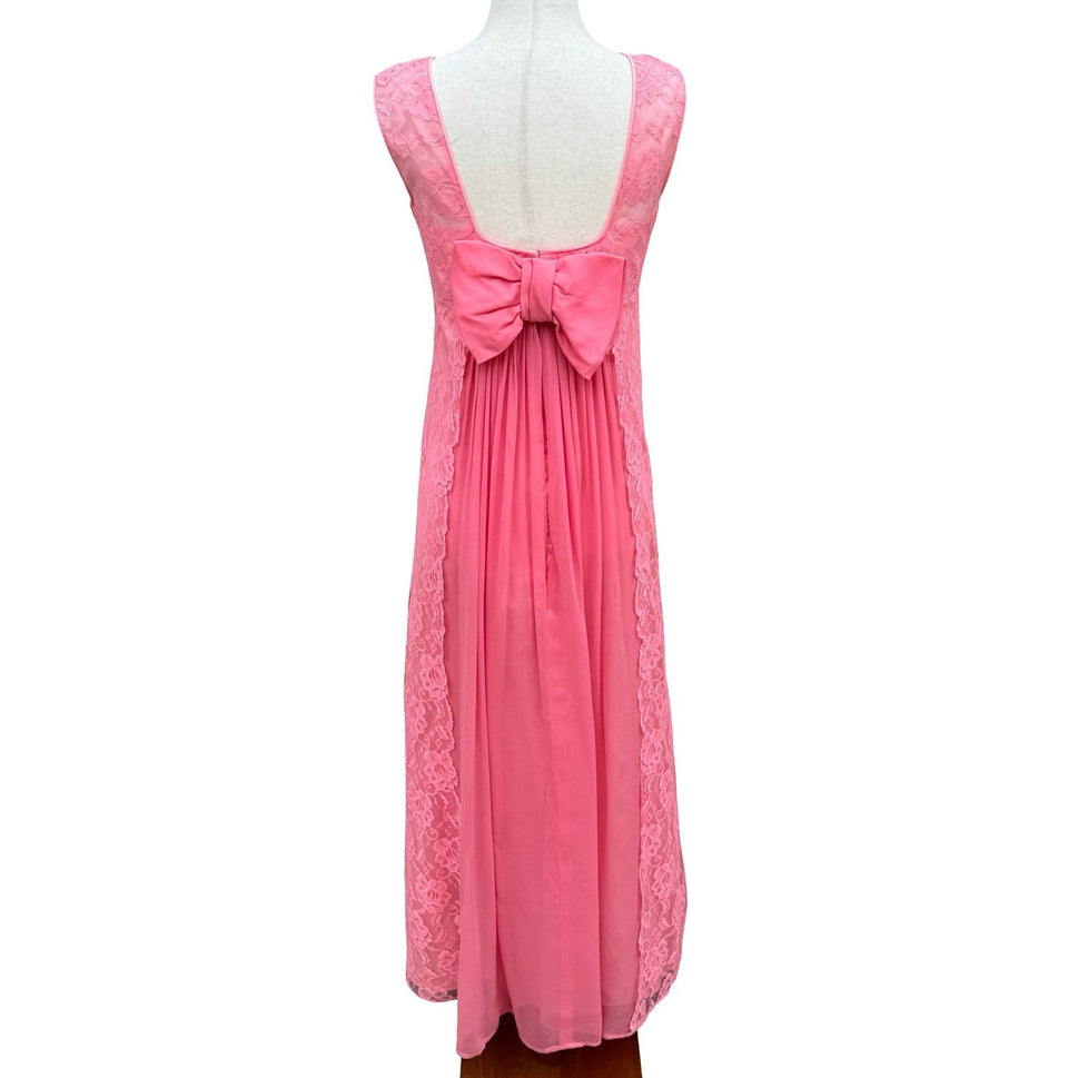 Vintage Pink Floral Lace Maxi Dress Low Back Bow Chiffon Pleated Gown Sleeveless