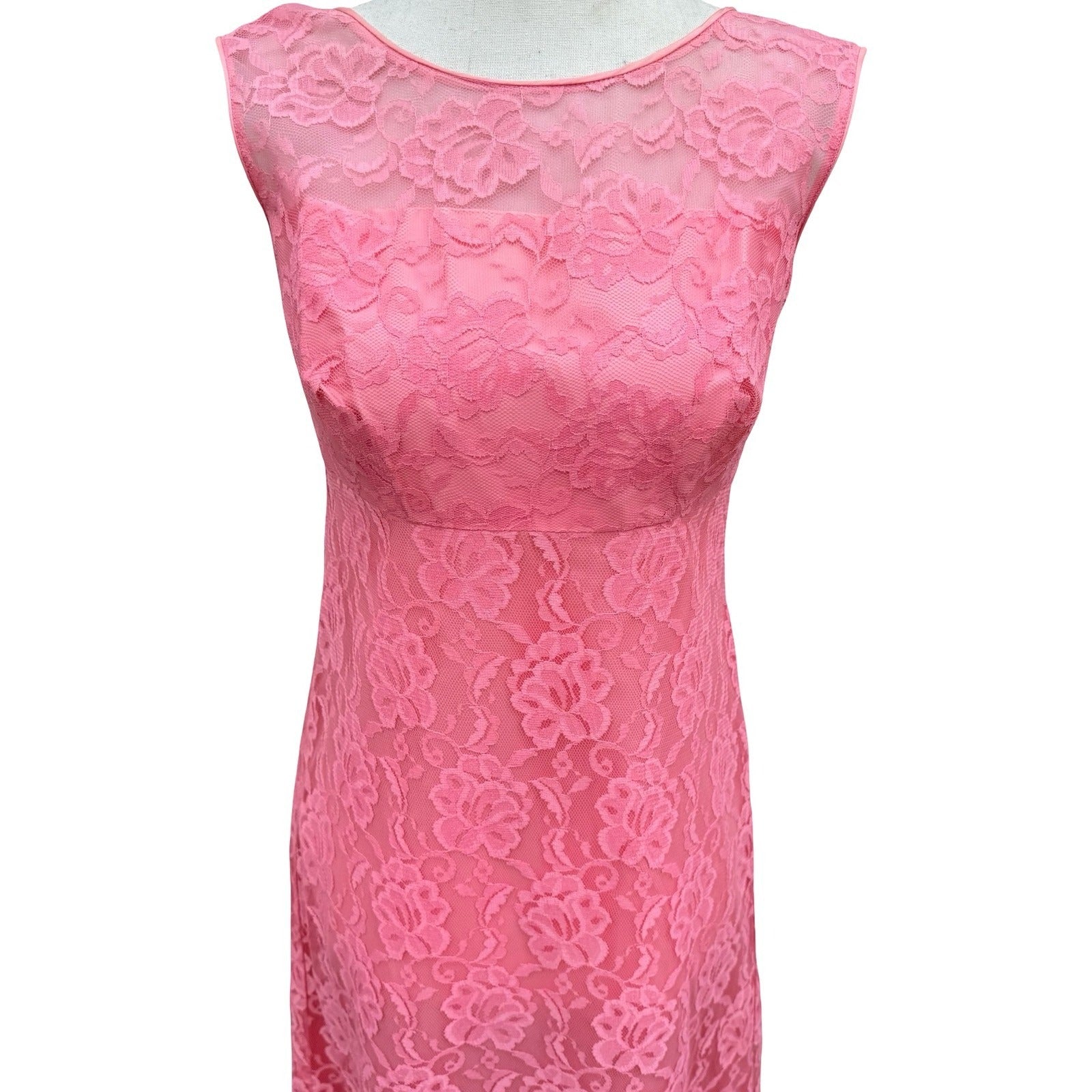 Vintage Pink Floral Lace Maxi Dress Low Back Bow Chiffon Pleated Gown Sleeveless